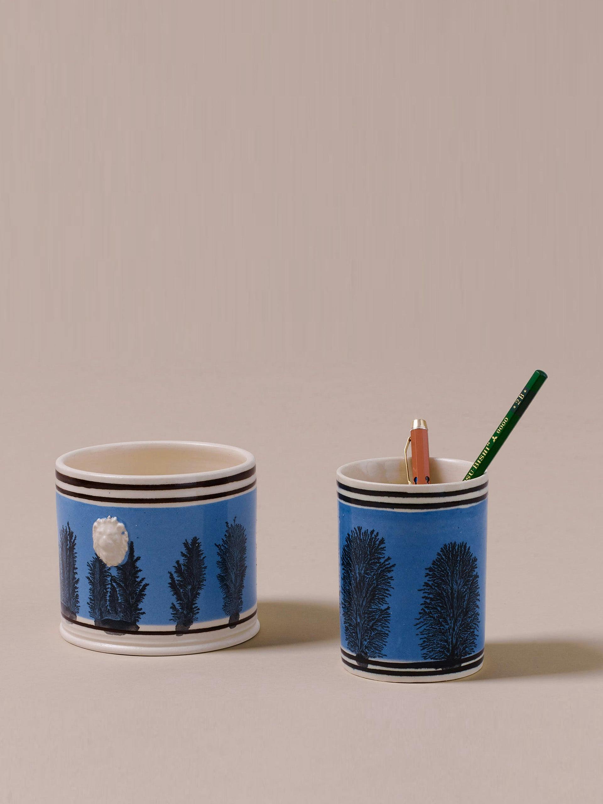 Blue mochaware ceramic pen pot