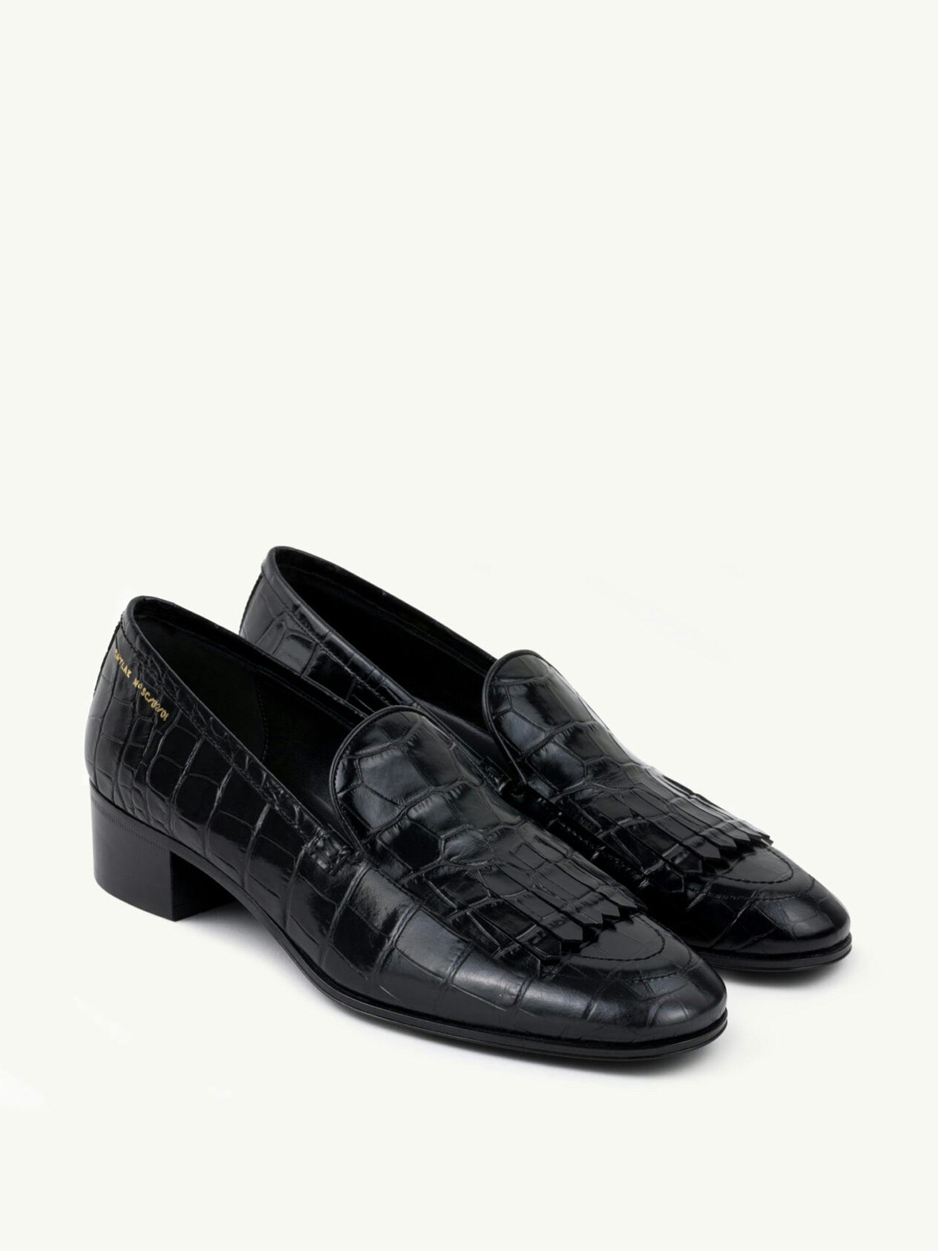 Embossed leather fringed loafers