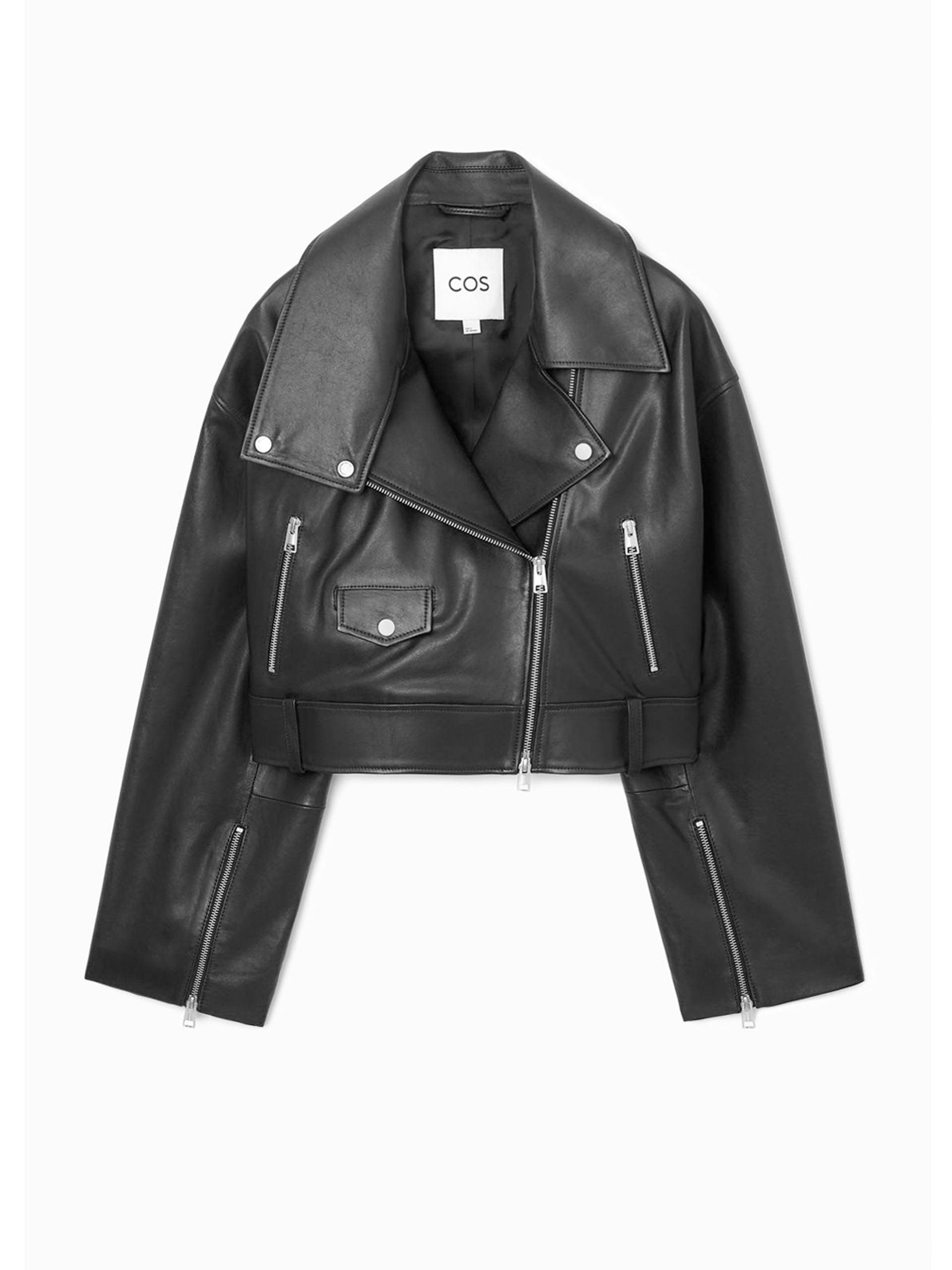 Oversized cropped leather biker jacket