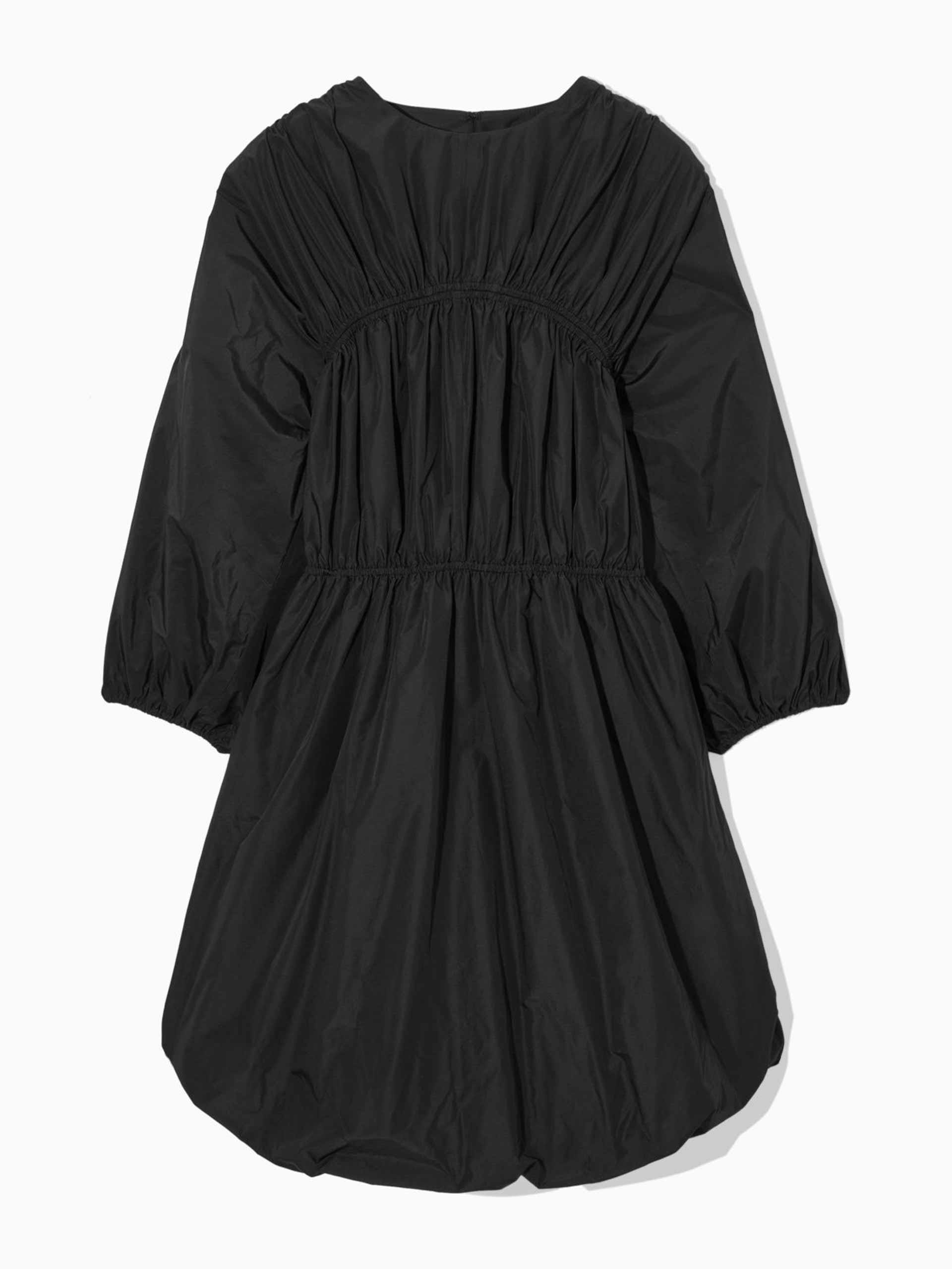 Open-back shirred mini balloon dress in black
