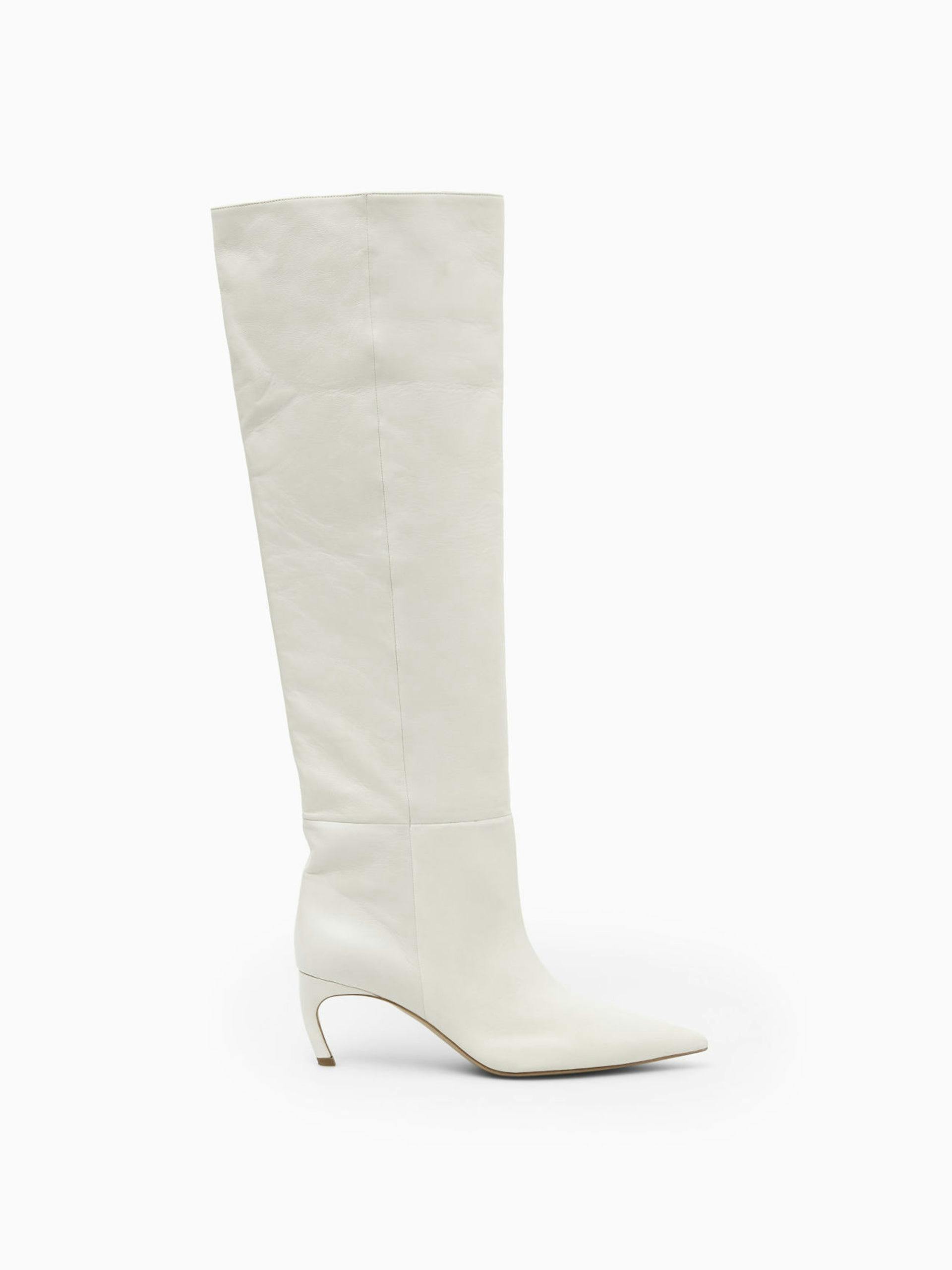 White leather pointed-toe high-knee boots