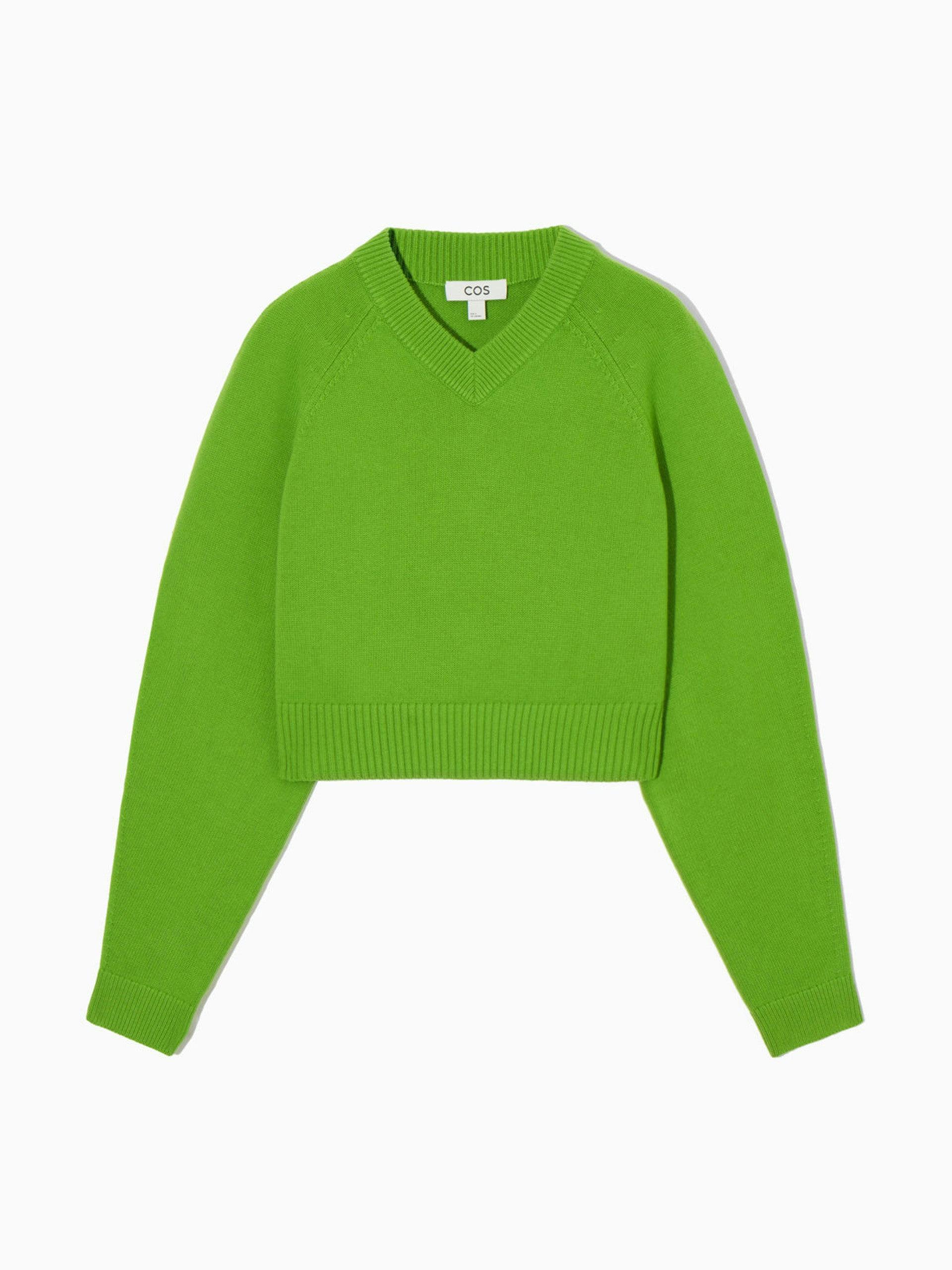 Green cropped v-neck wool jumper