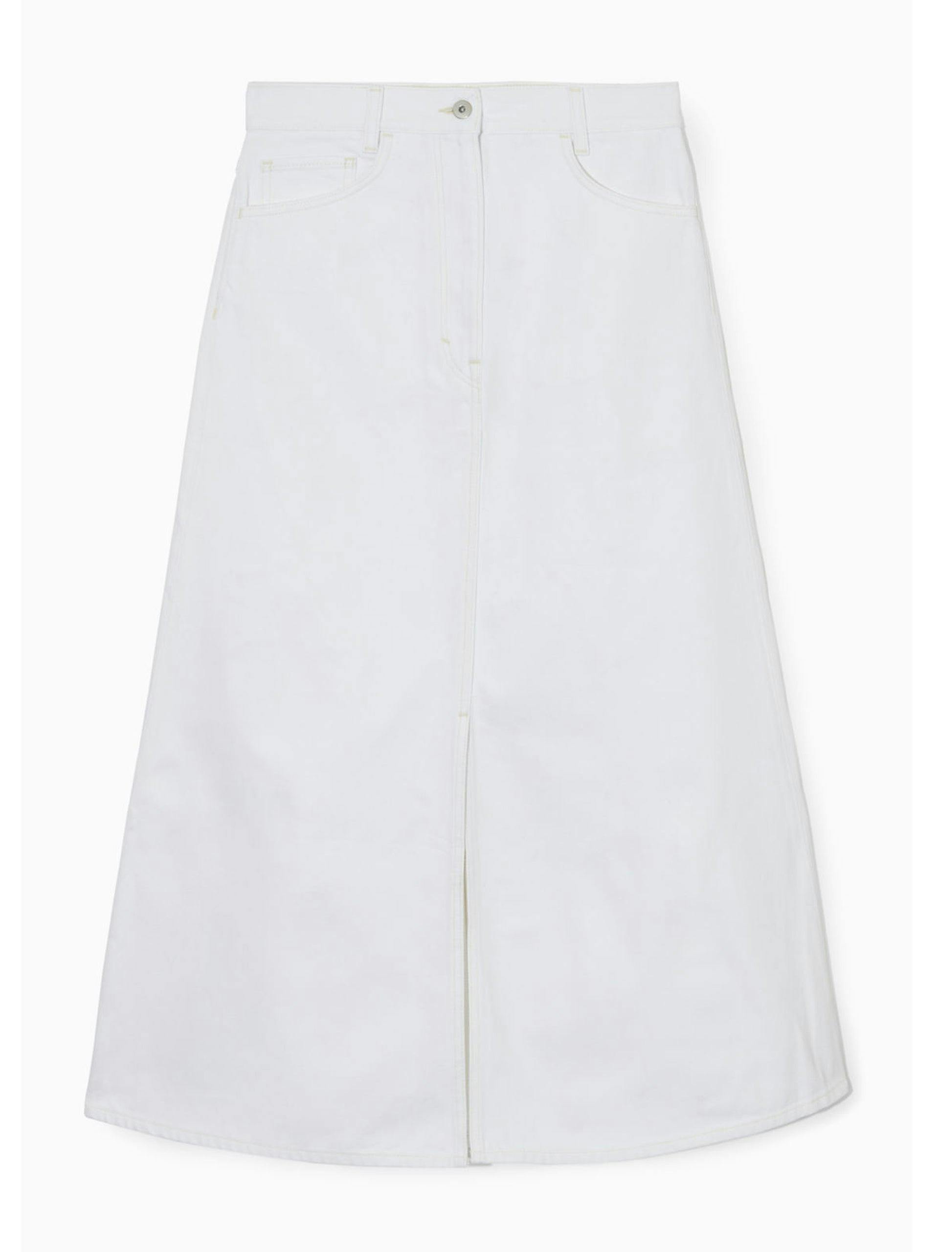 White A-line denim midi skirt