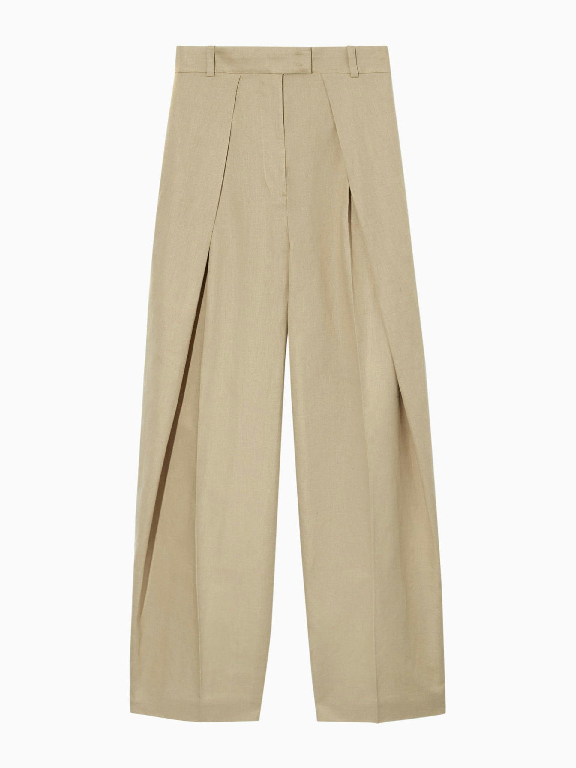 Beige wide-leg linen tailored trousers