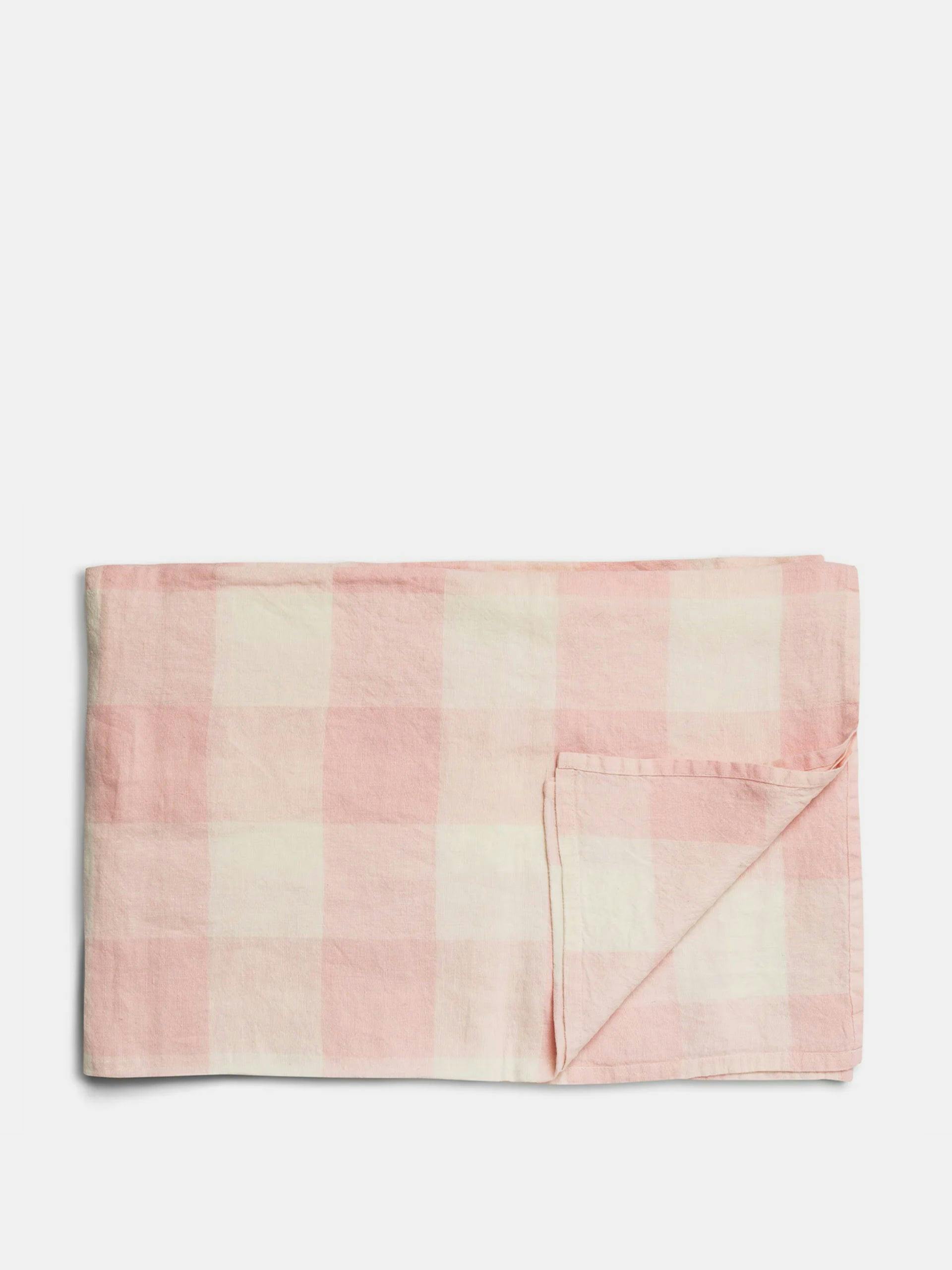Pink and white check tablecloth