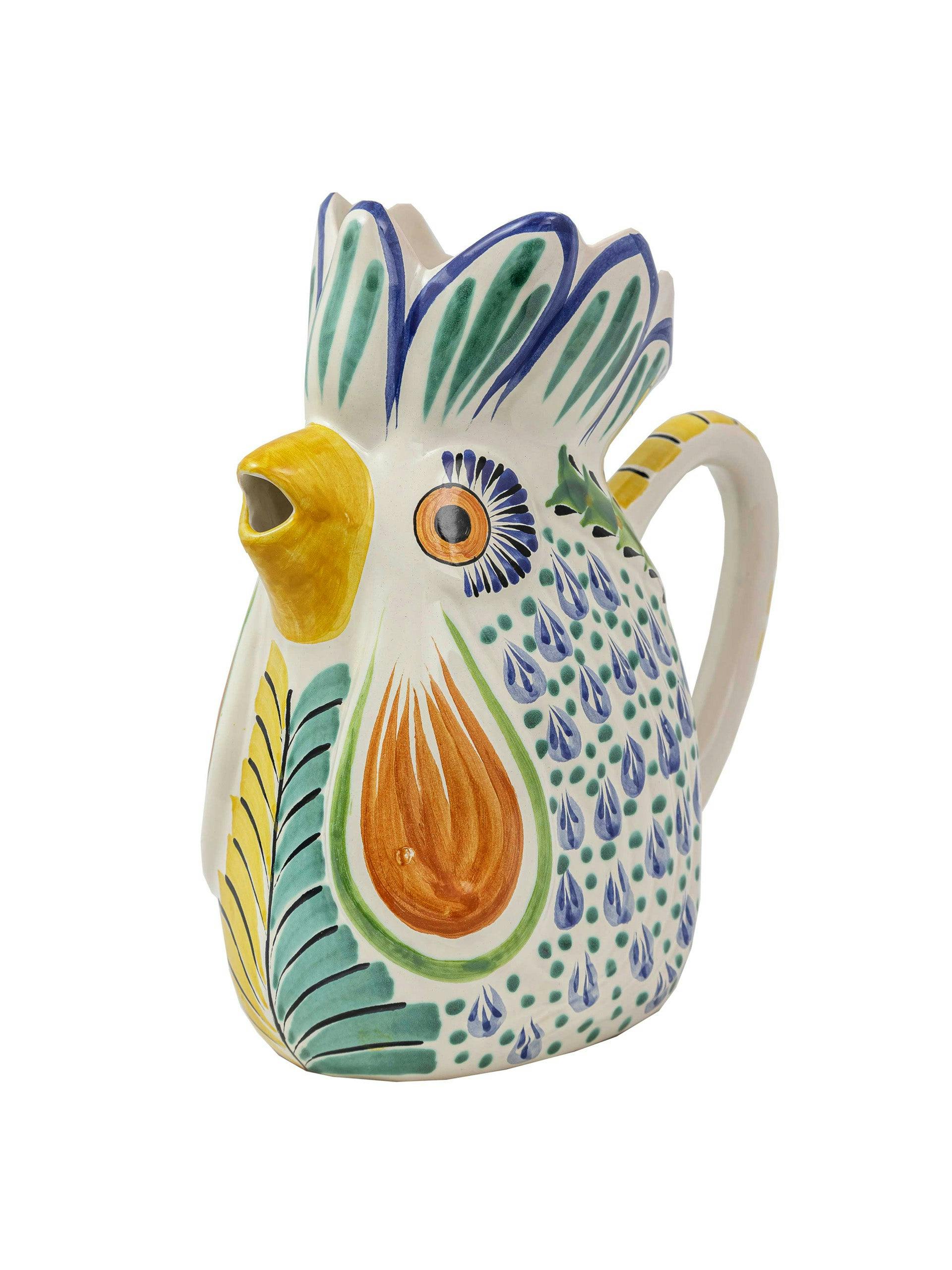 Rooster water pitcher in blue, green and aqua