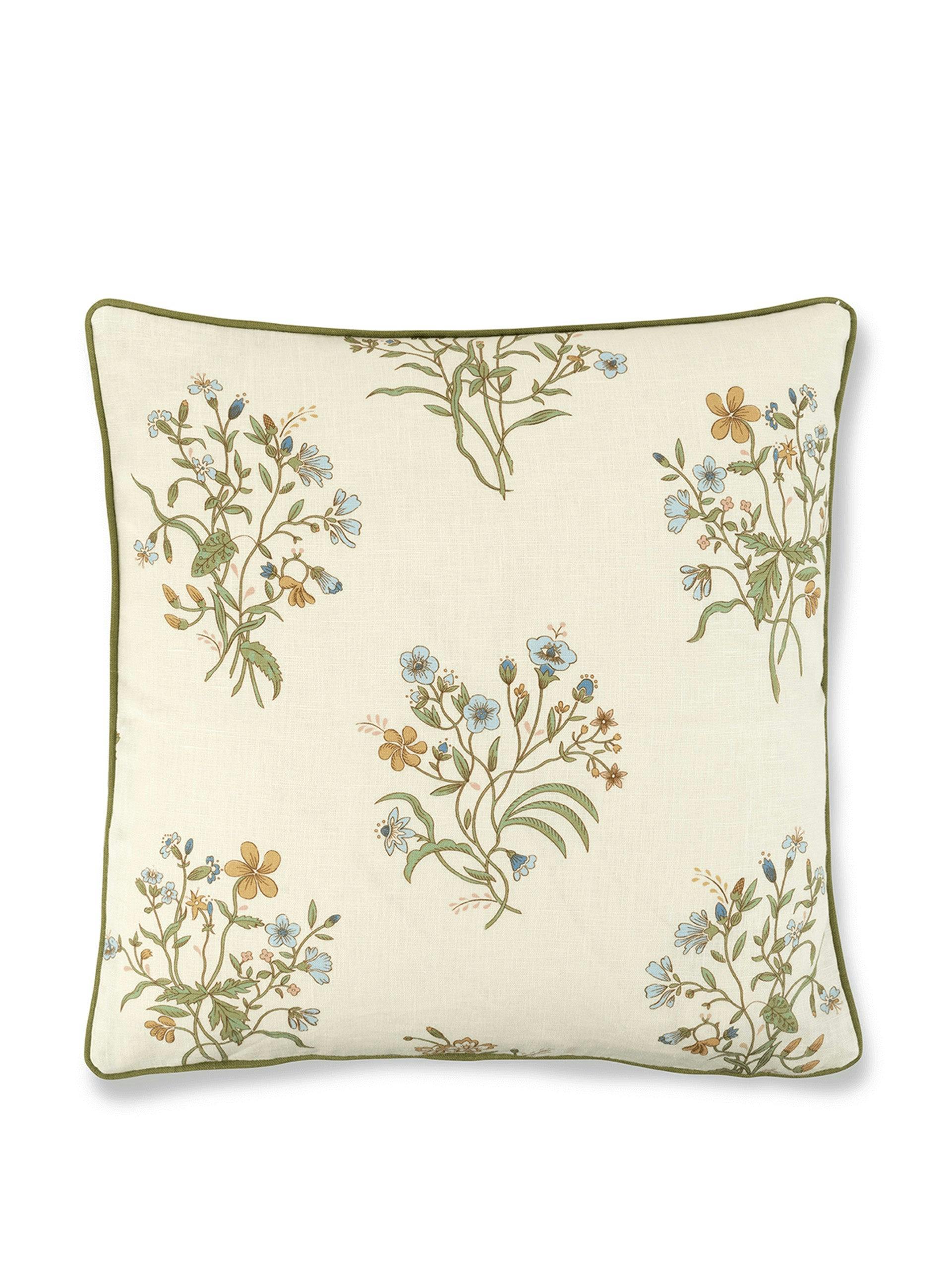 Flax and field flower cushion with fern green trim