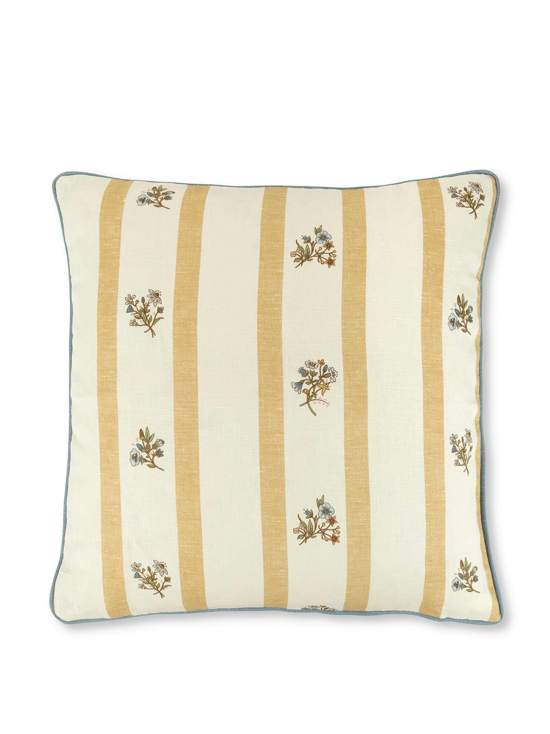 Flax & field posy stripe cushion in ochre with contrast reverse and chambray blue trim