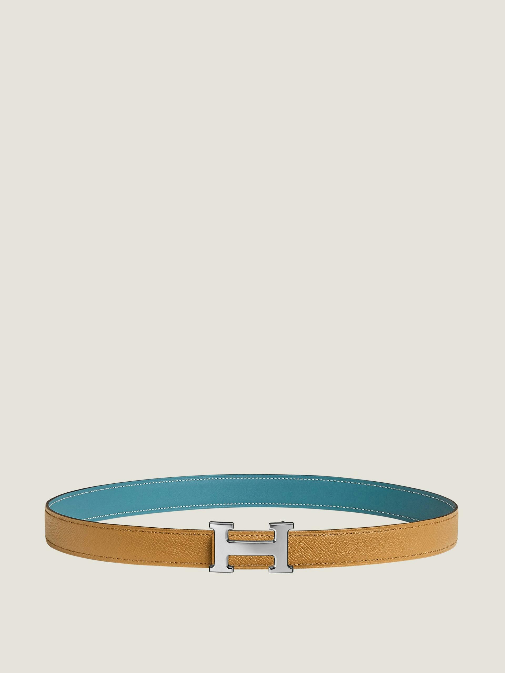 Tan and blue reversible leather belt