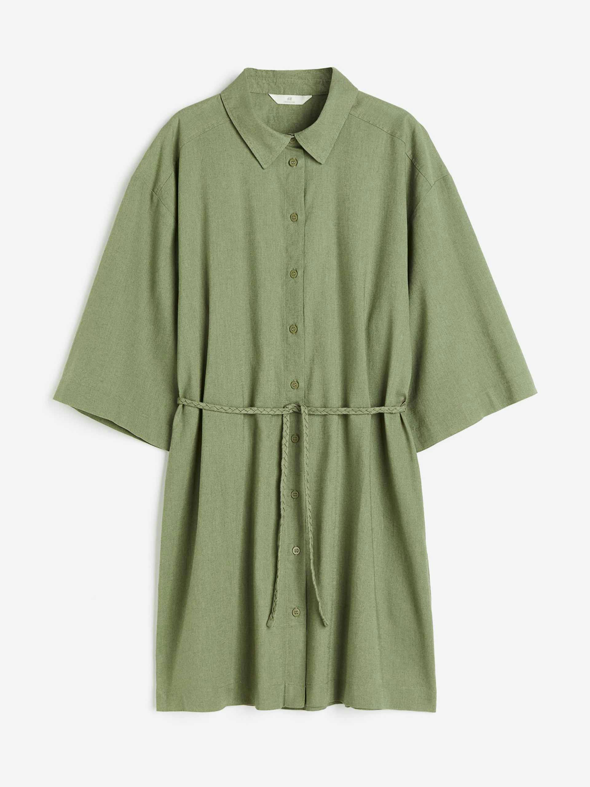 Linen-blend shirt dress in Dusty Green