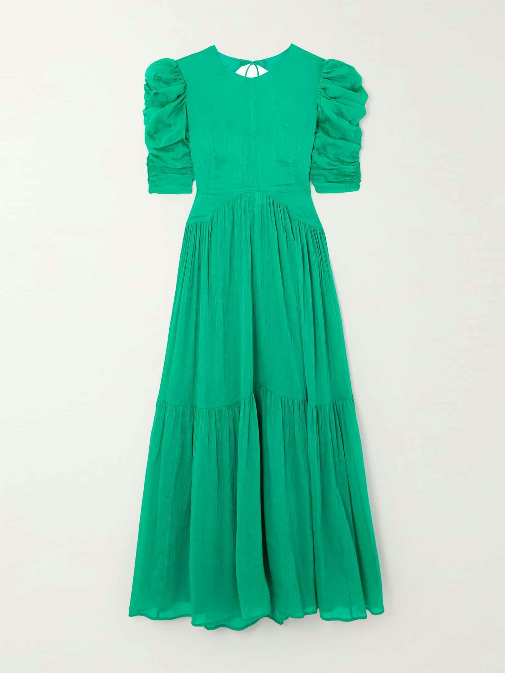 Green open-back ruched cotton and silk-blend midi dress
