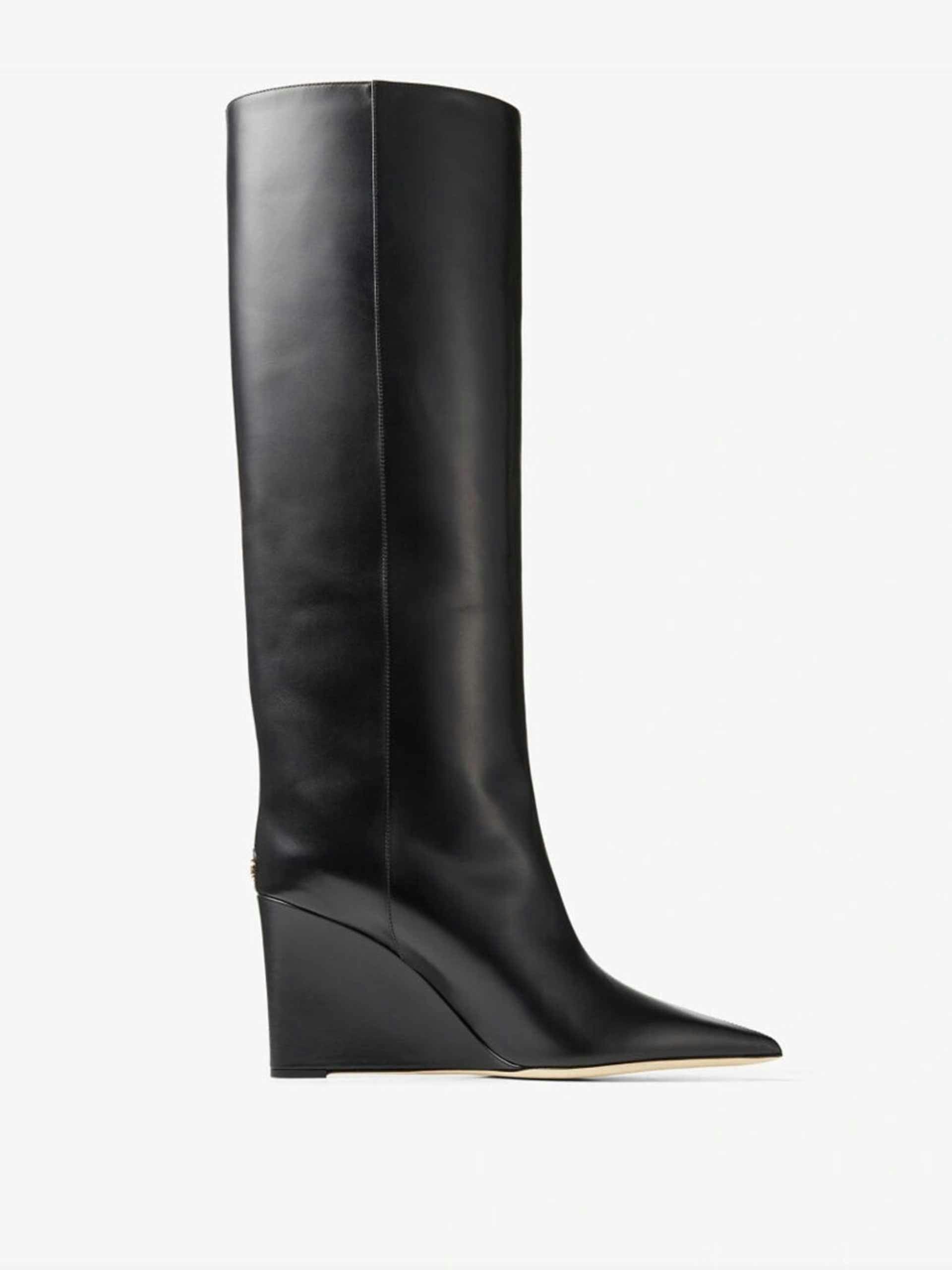 Black calf leather wedge knee-high boots