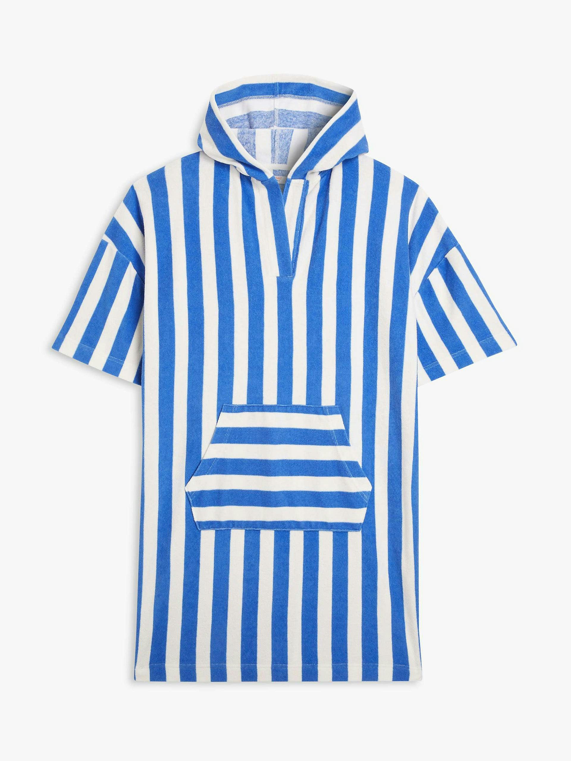 Blue and white striped towelling hooded coverup