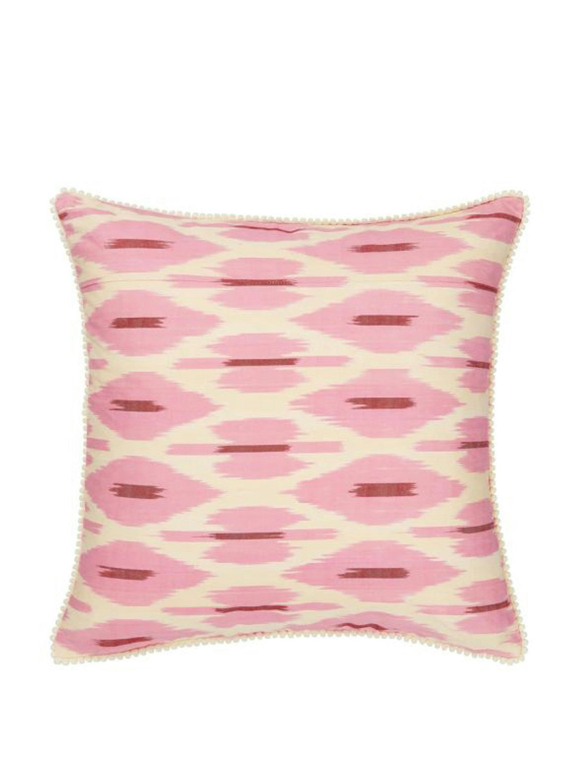 Luxury square ikat silk cushion pink and cream