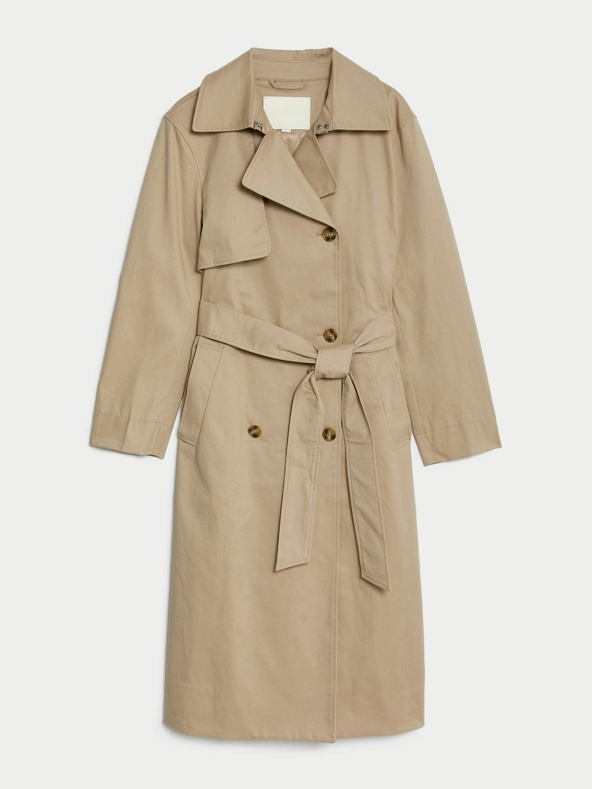 Beige belted long-line trench coat
