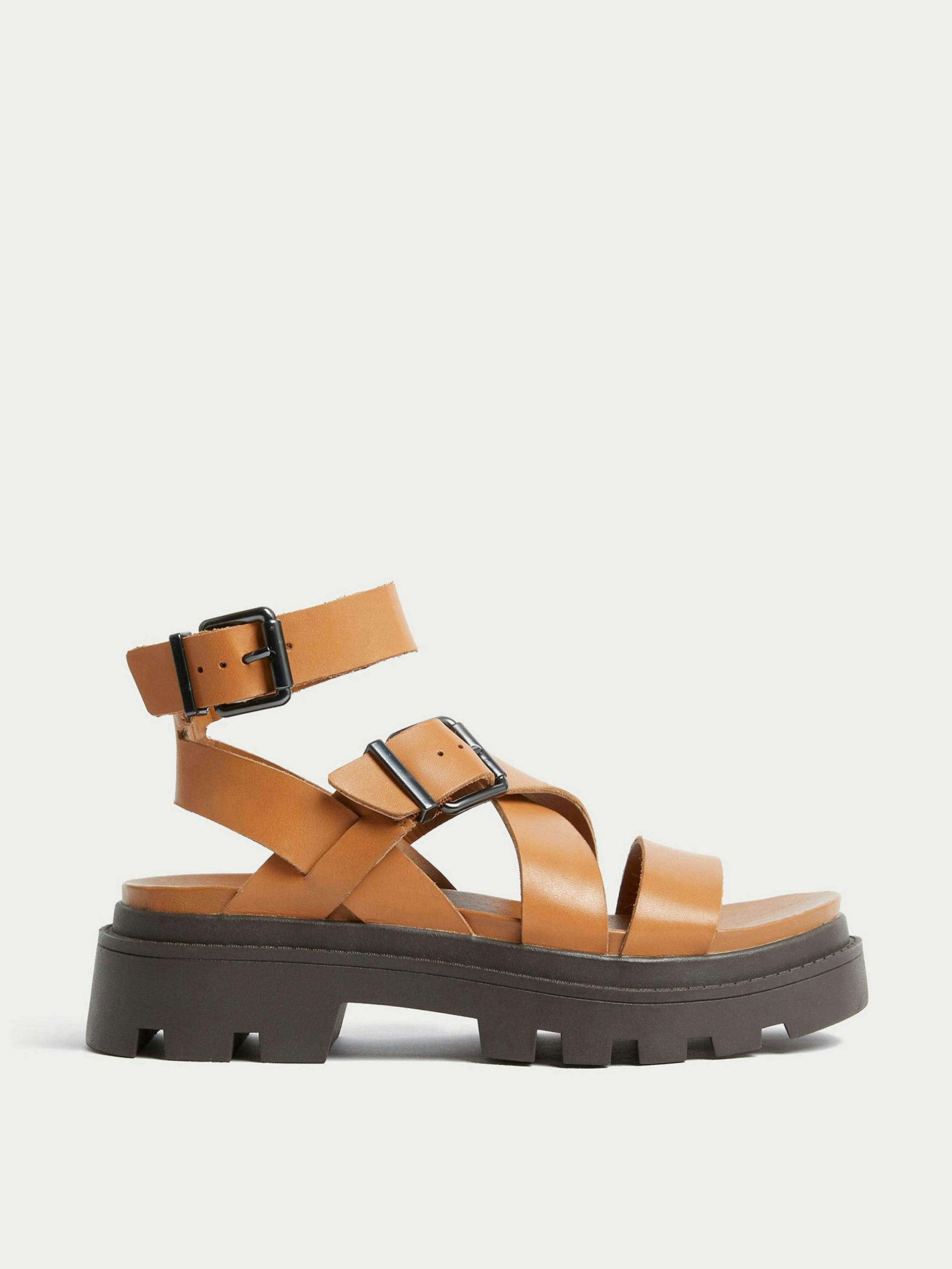Tan leather buckle ankle-strap sandals