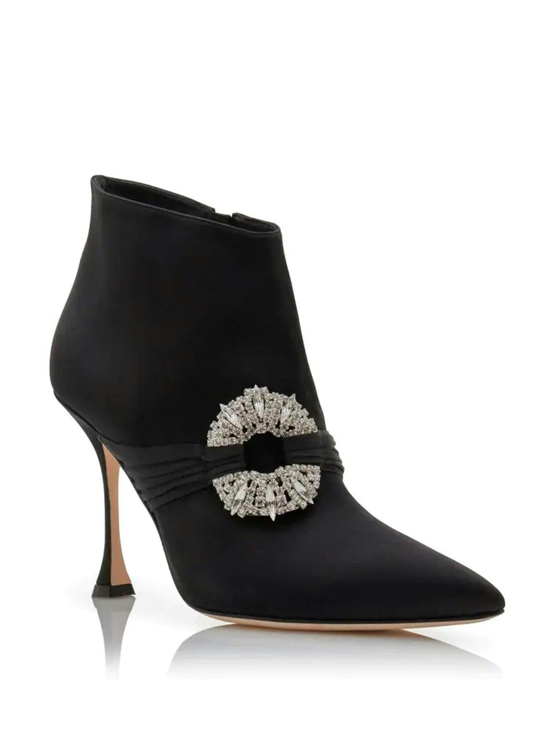 Black satin embellished buckle ankle boots