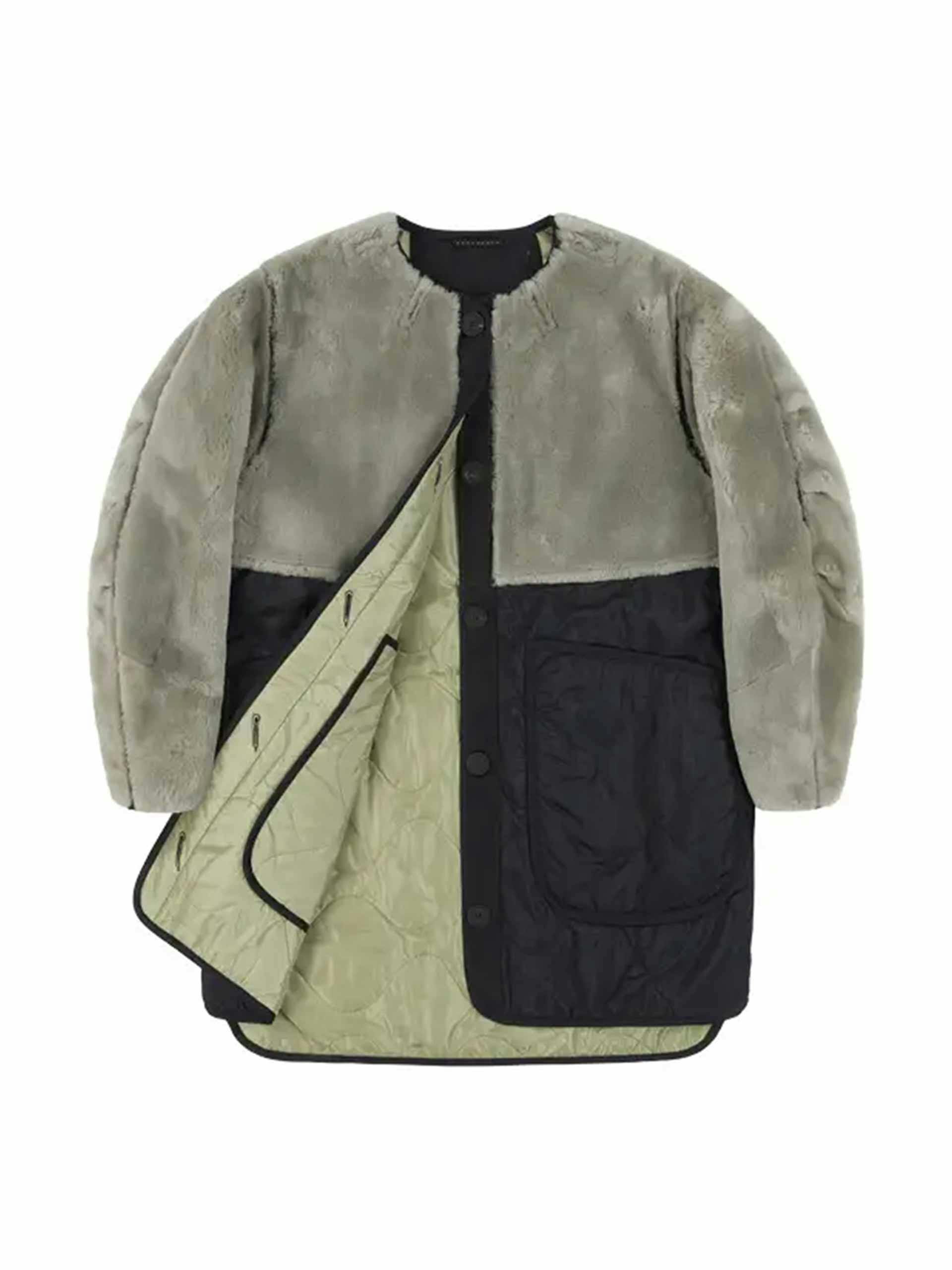 Reversible shearling and quilted-nylon coat