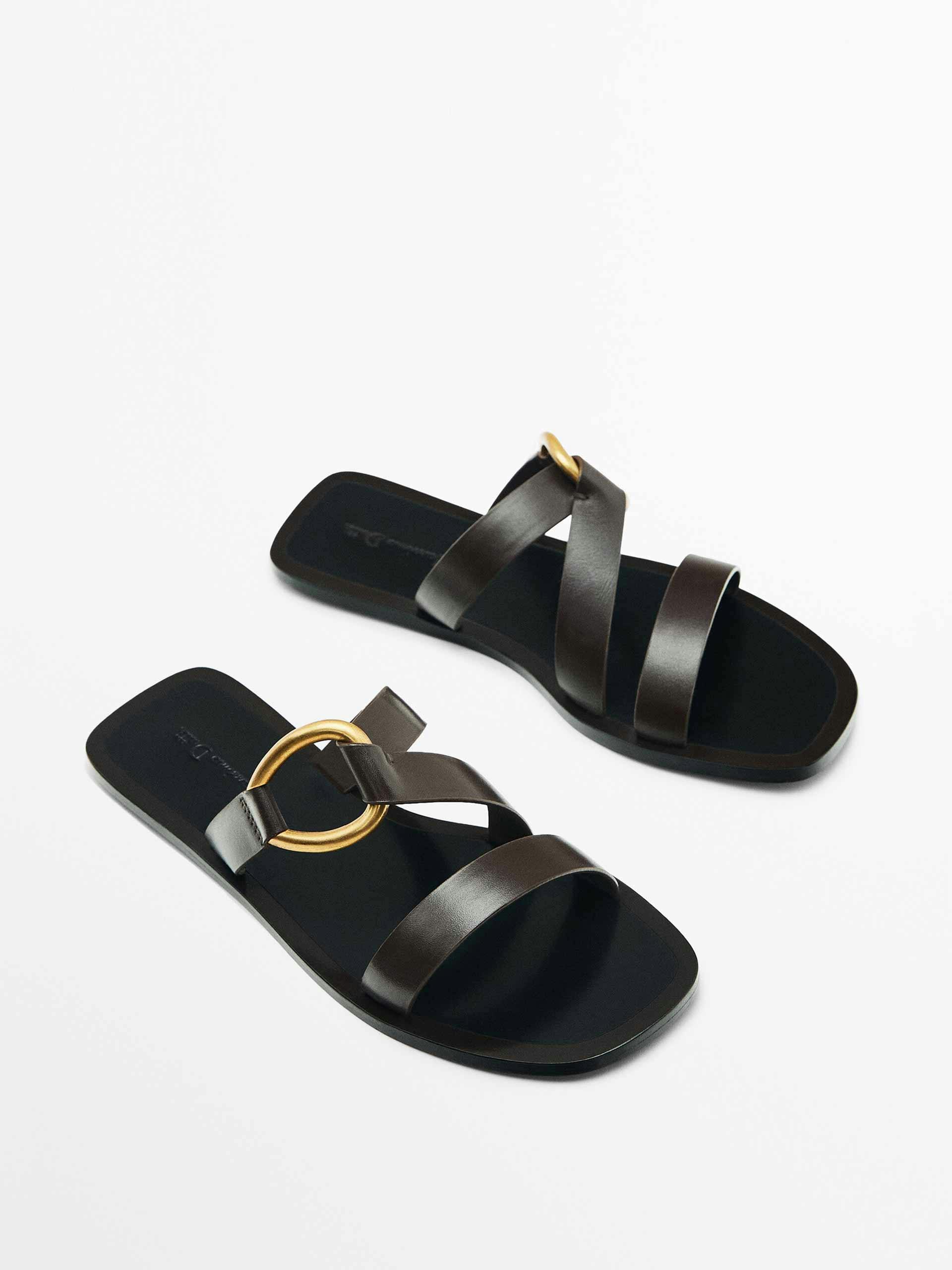 Flat slider sandals with metal ring detail