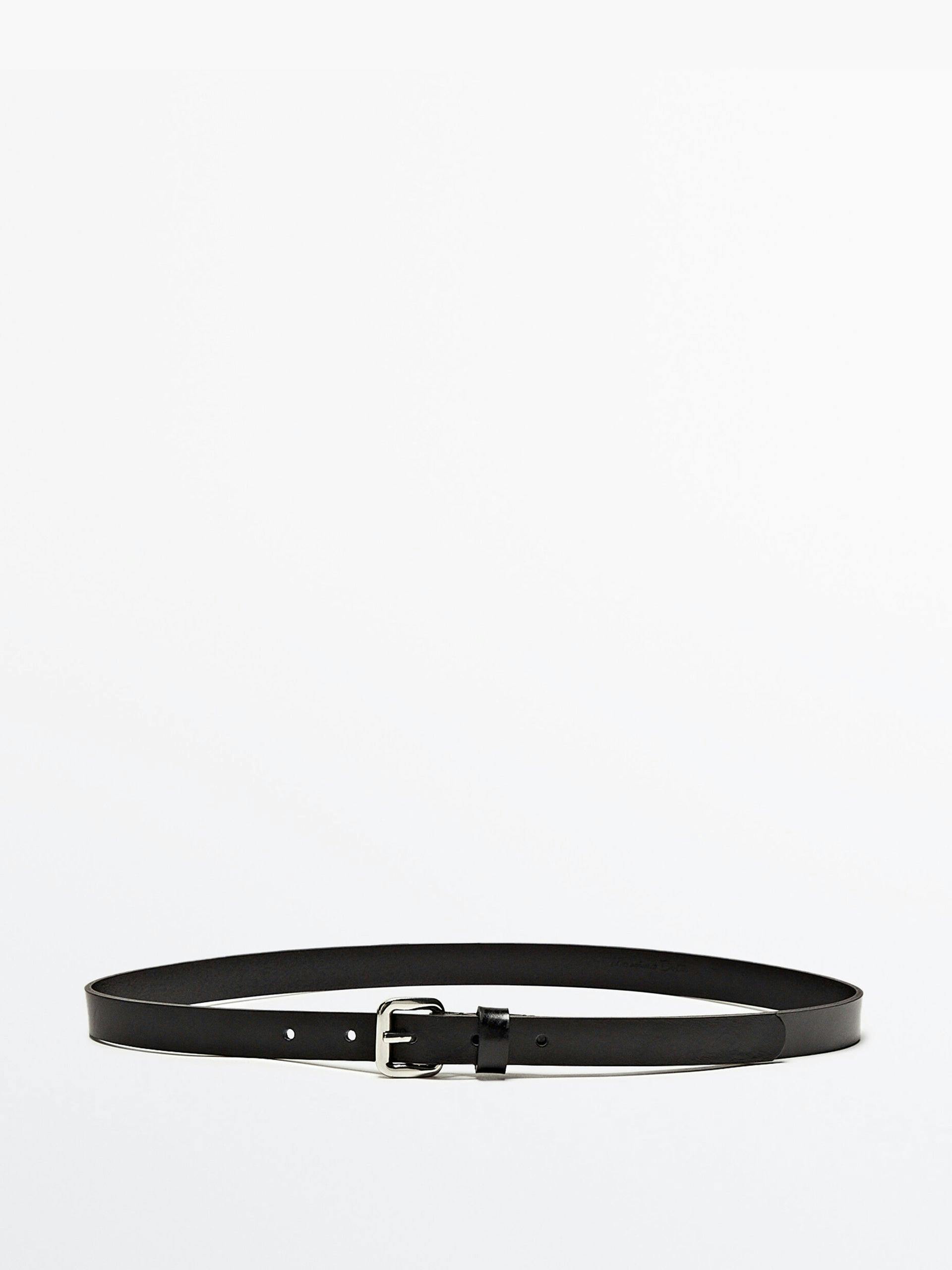 Black leather belt with rectangular buckle