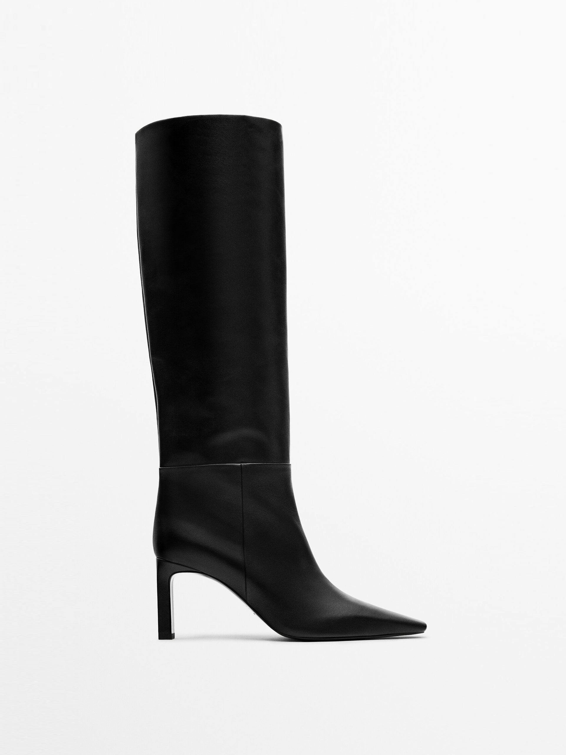 Black leather boots with square heel