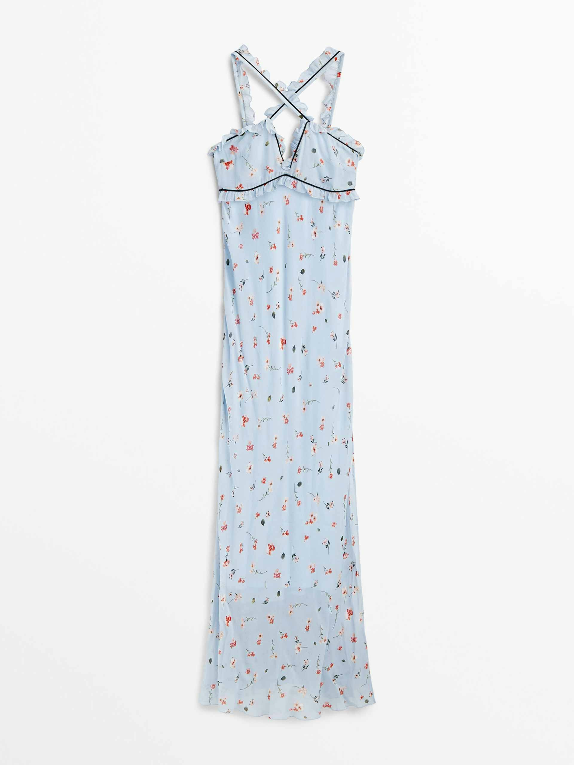 Long strappy floral print dress in Sky Blue