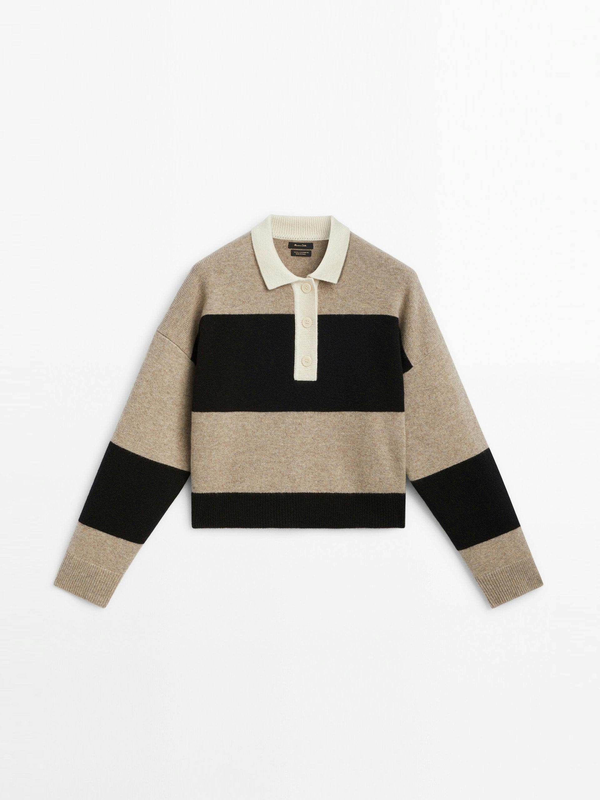 Striped knit sweater with contrast polo collar