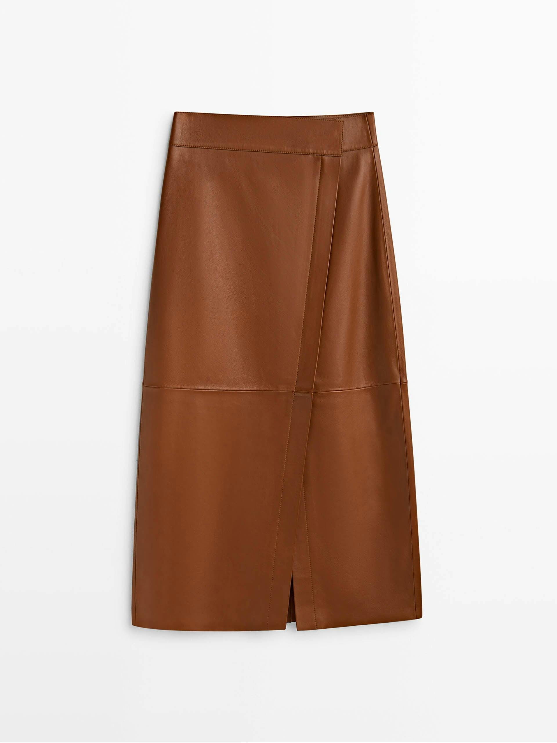 Brown leather midi pencil skirt