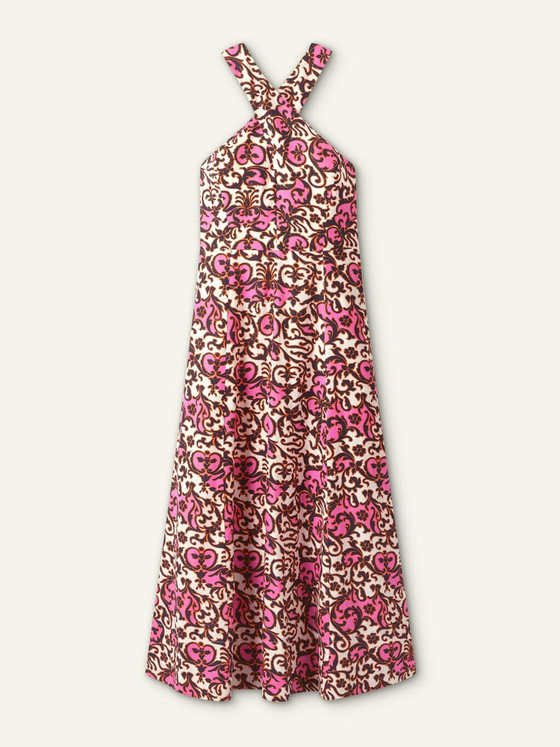 Linen-blend baroque print crossover maxi dress