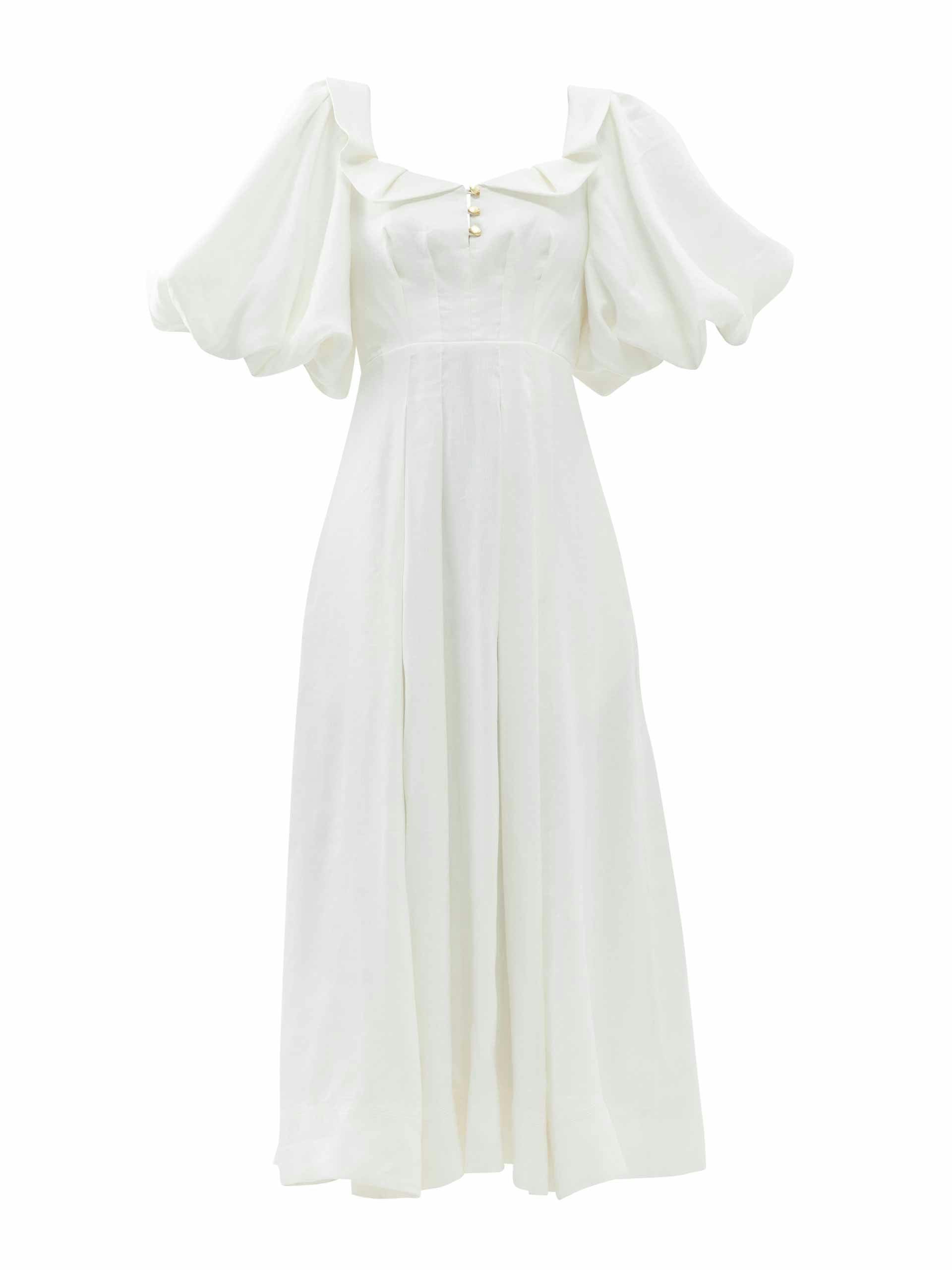 White frilled linen midi dress