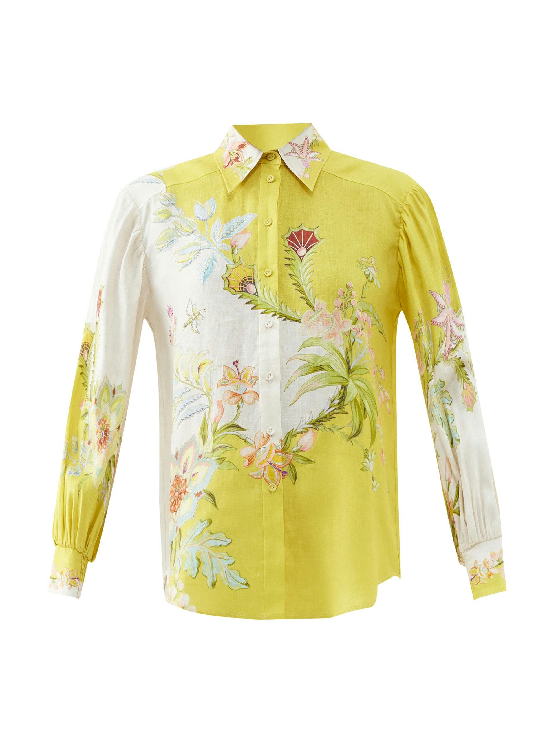 Yellow floral-print linen shirt
