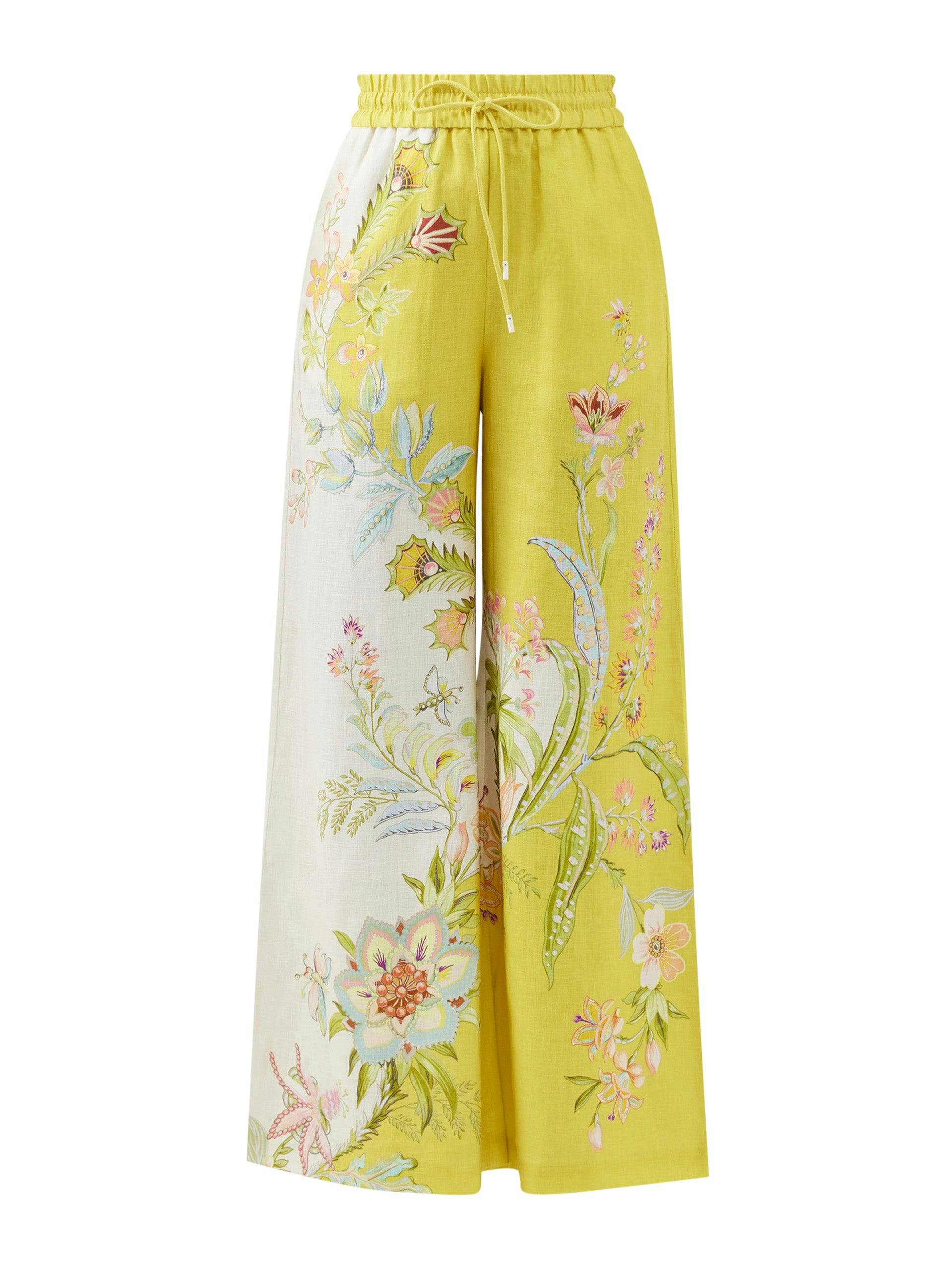 Yellow floral-print linen wide-leg trousers
