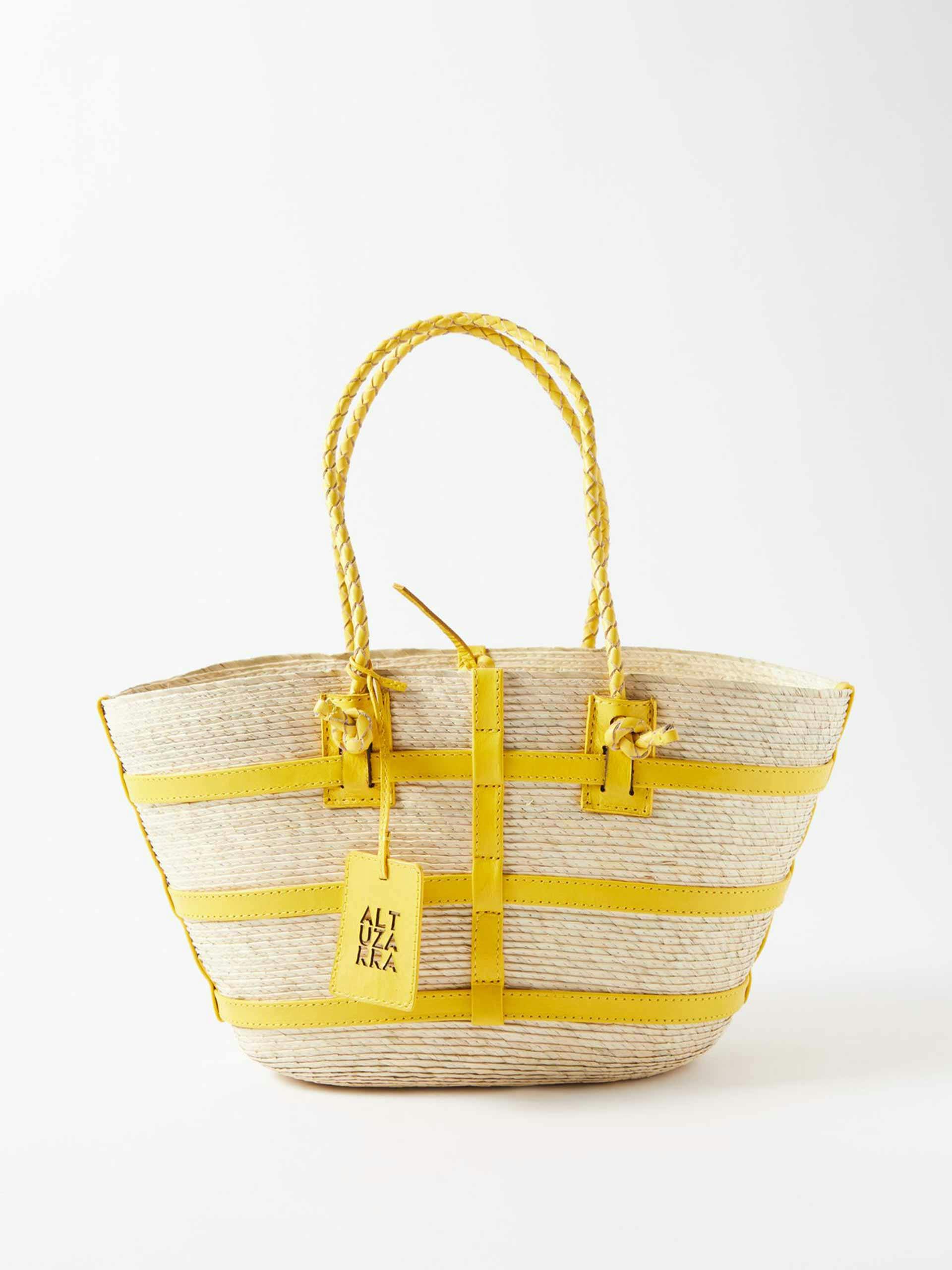 Yellow leather-trim straw-woven basket bag