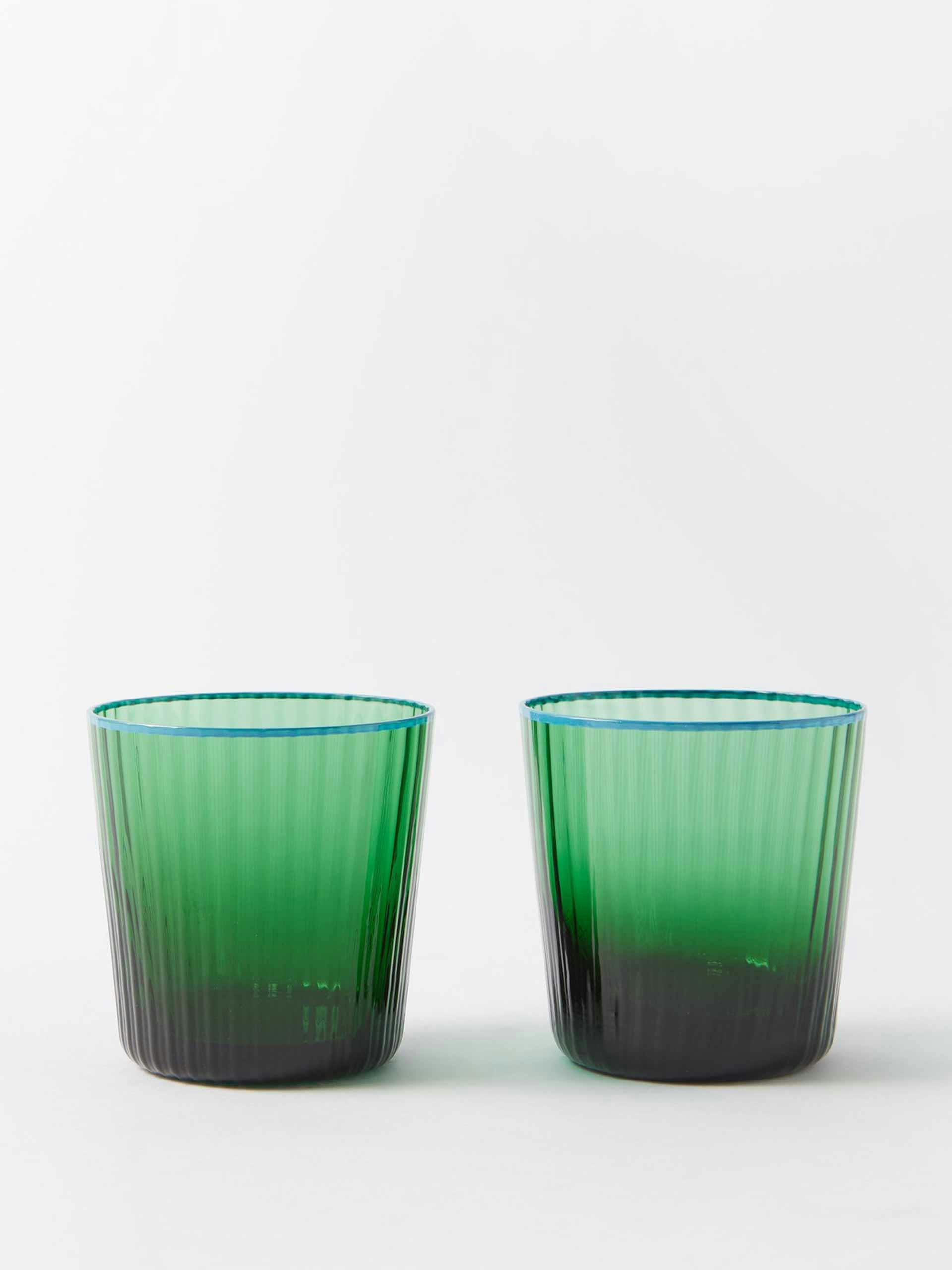 Green ridged glass tumblers (set of 2)