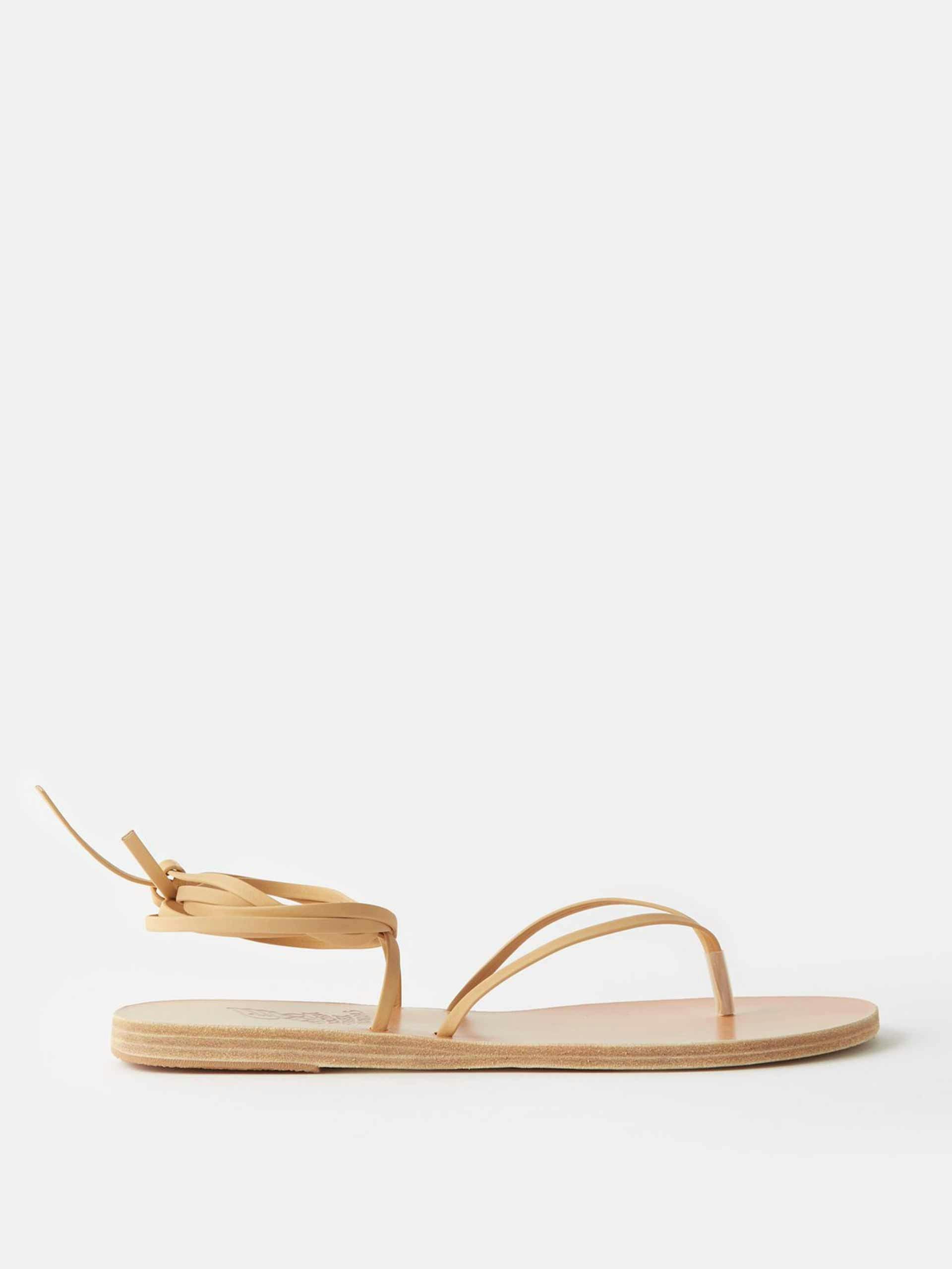 Beige ankle-tie leather sandals
