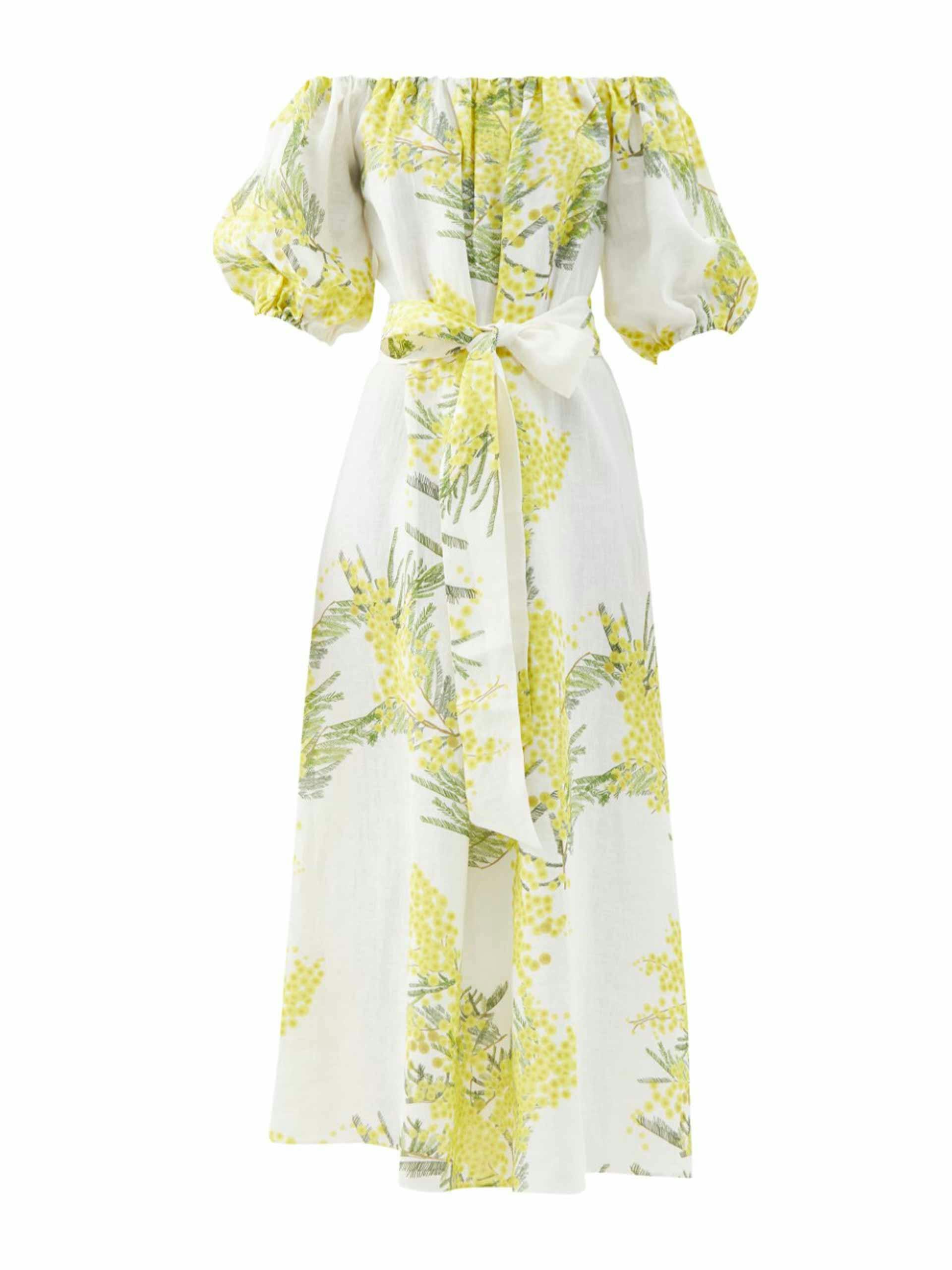 Off-the-shoulder floral-print linen dress