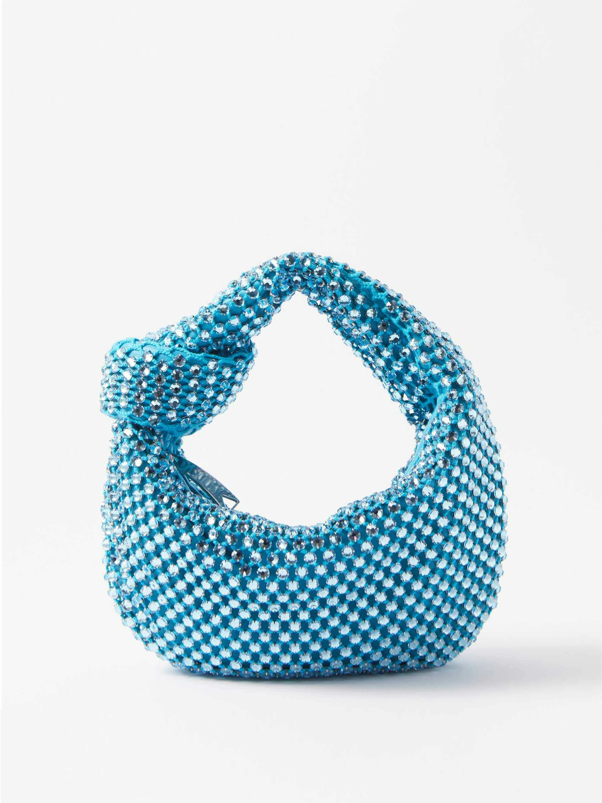 Blue crystal-netting clutch bag