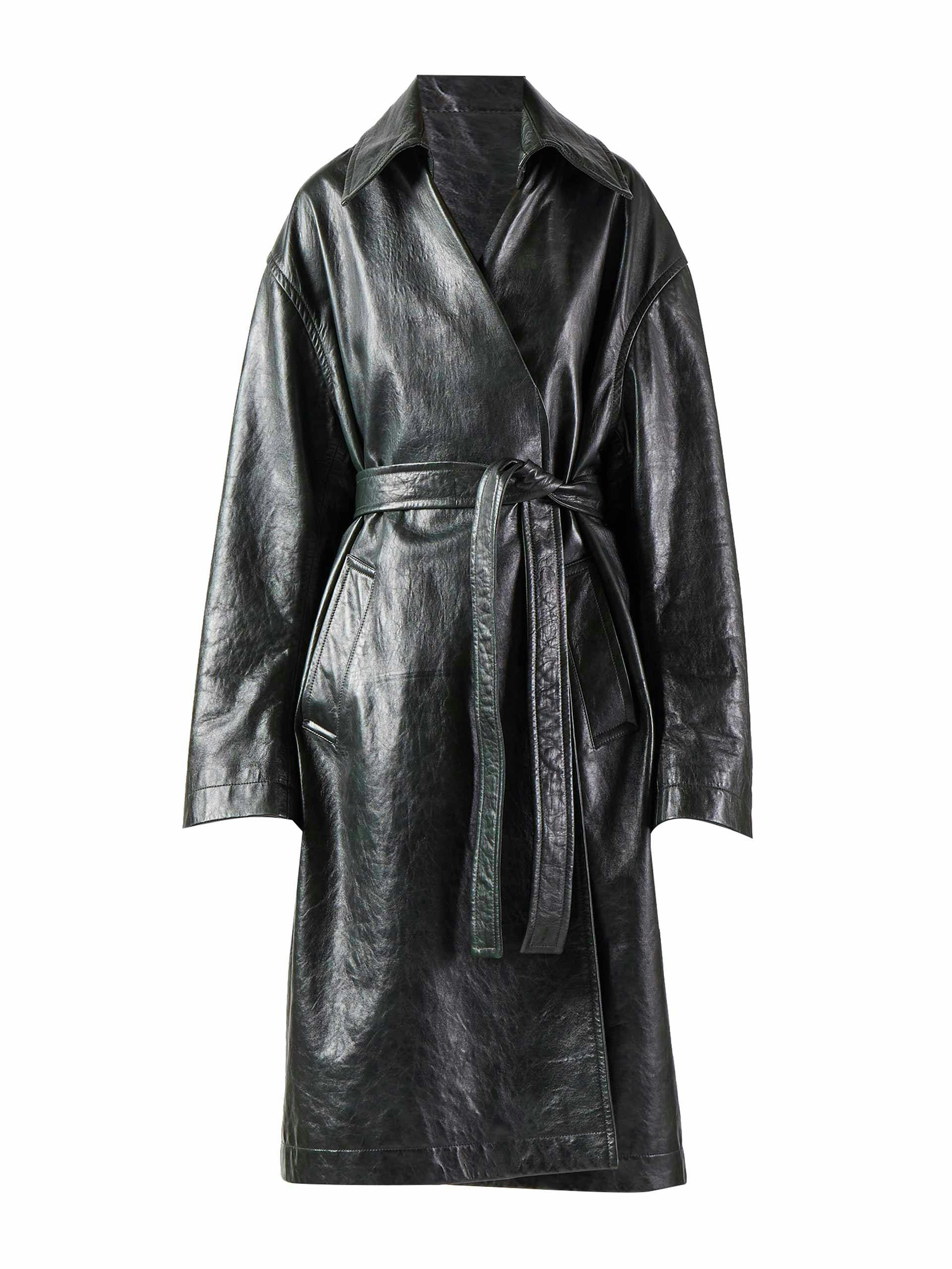 Belted black leather coat