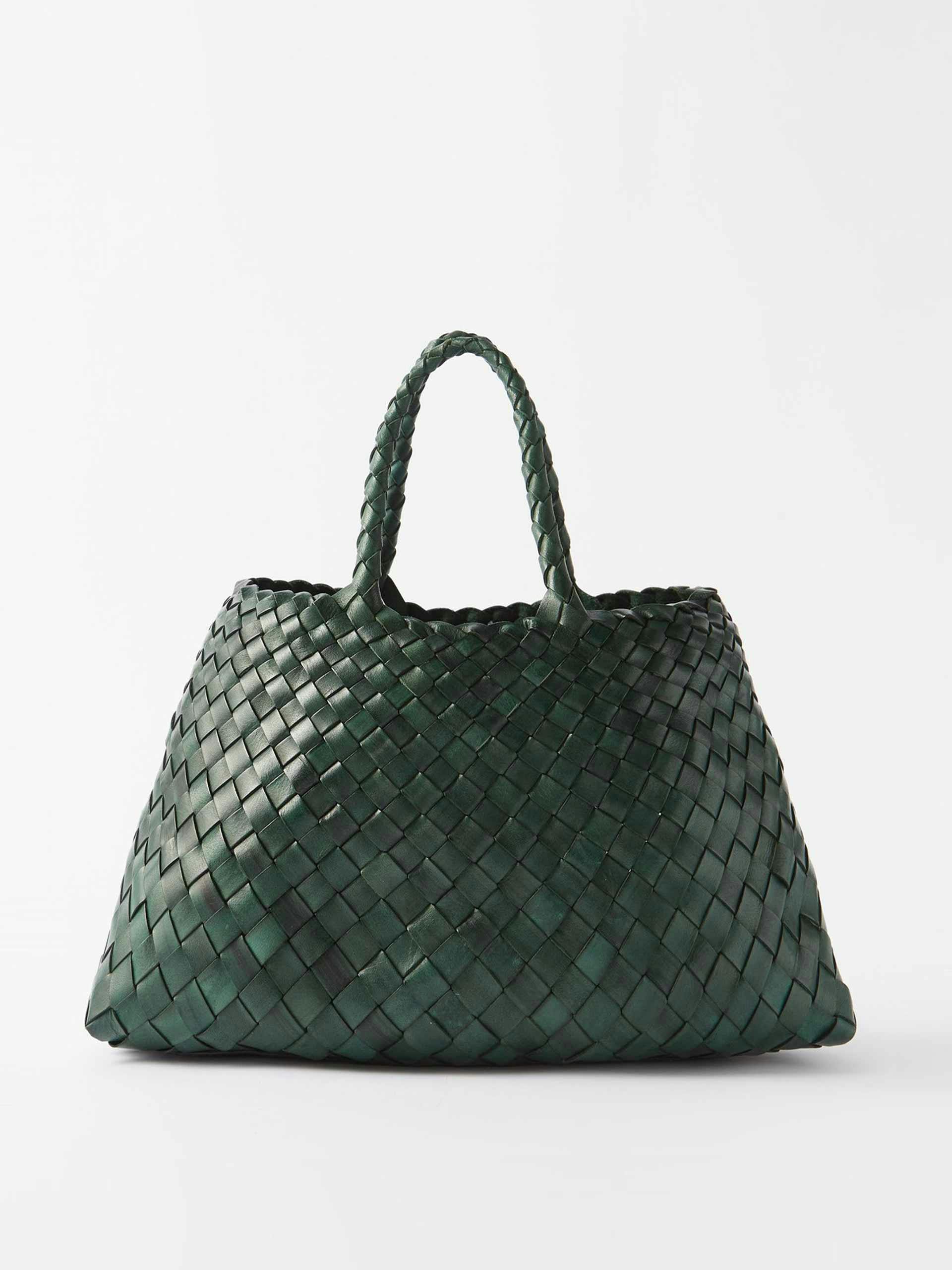 Green woven-leather tote bag
