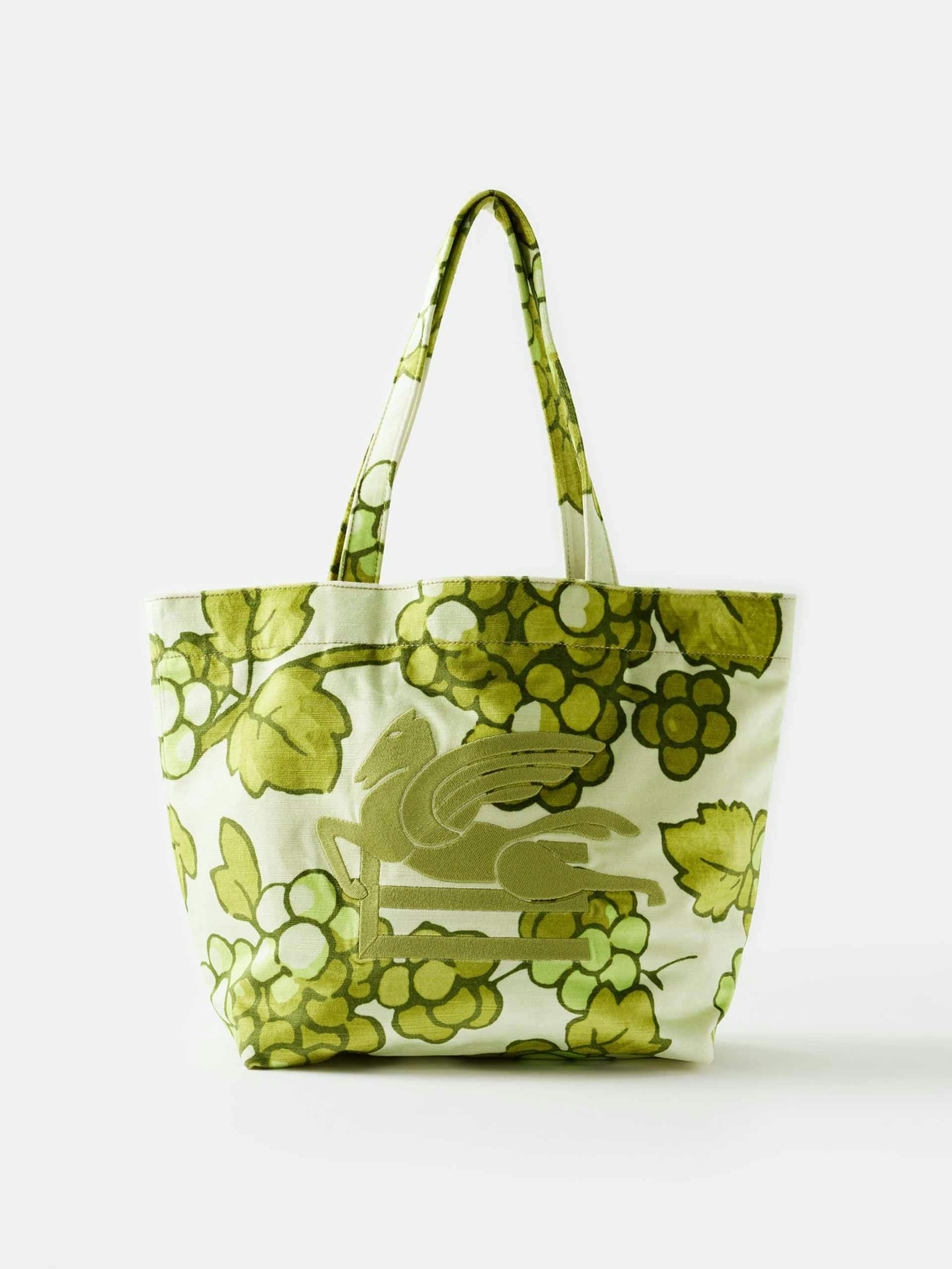 Green printed-canvas tote bag