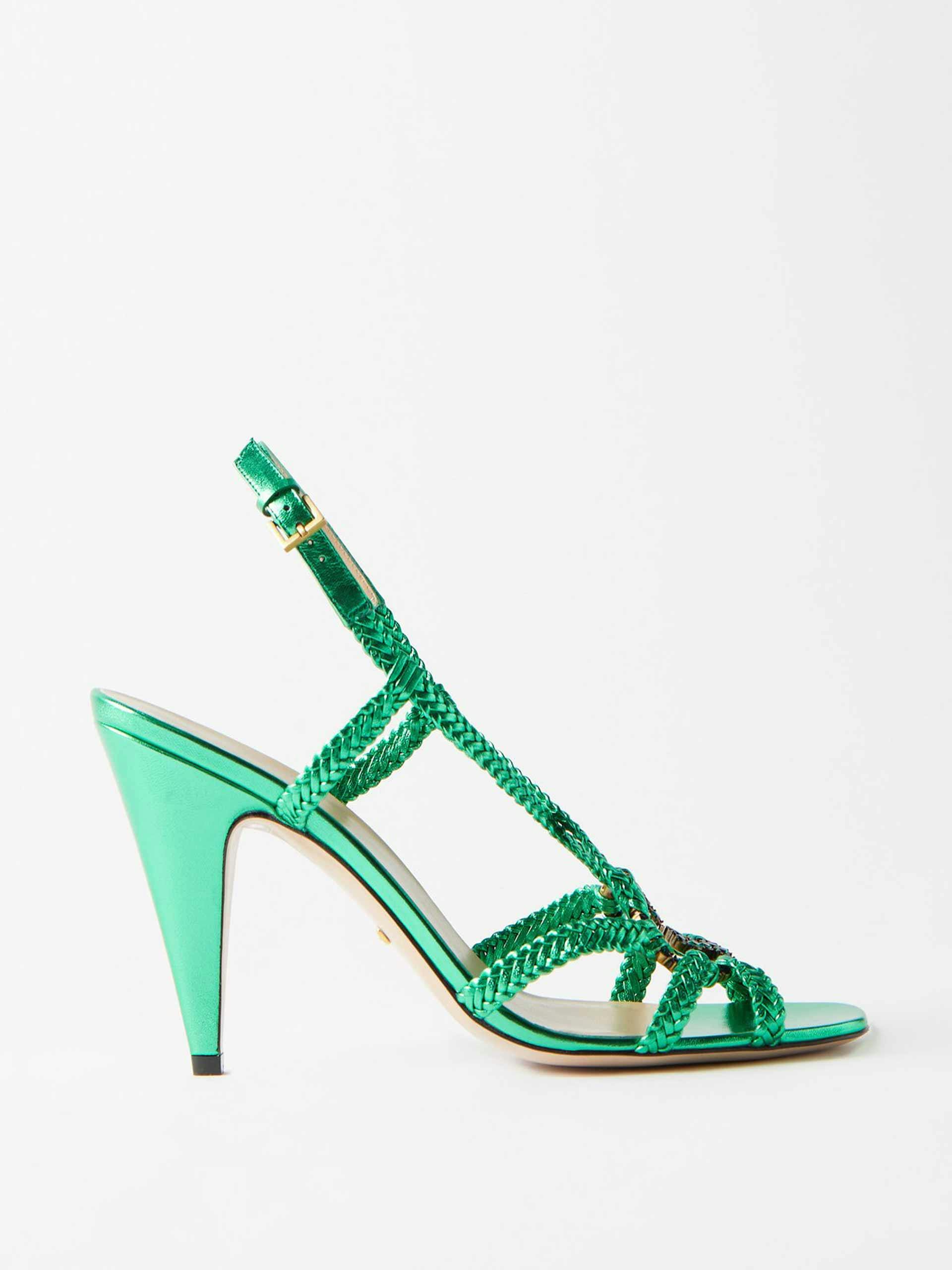 Green crystal-embellished leather sandals