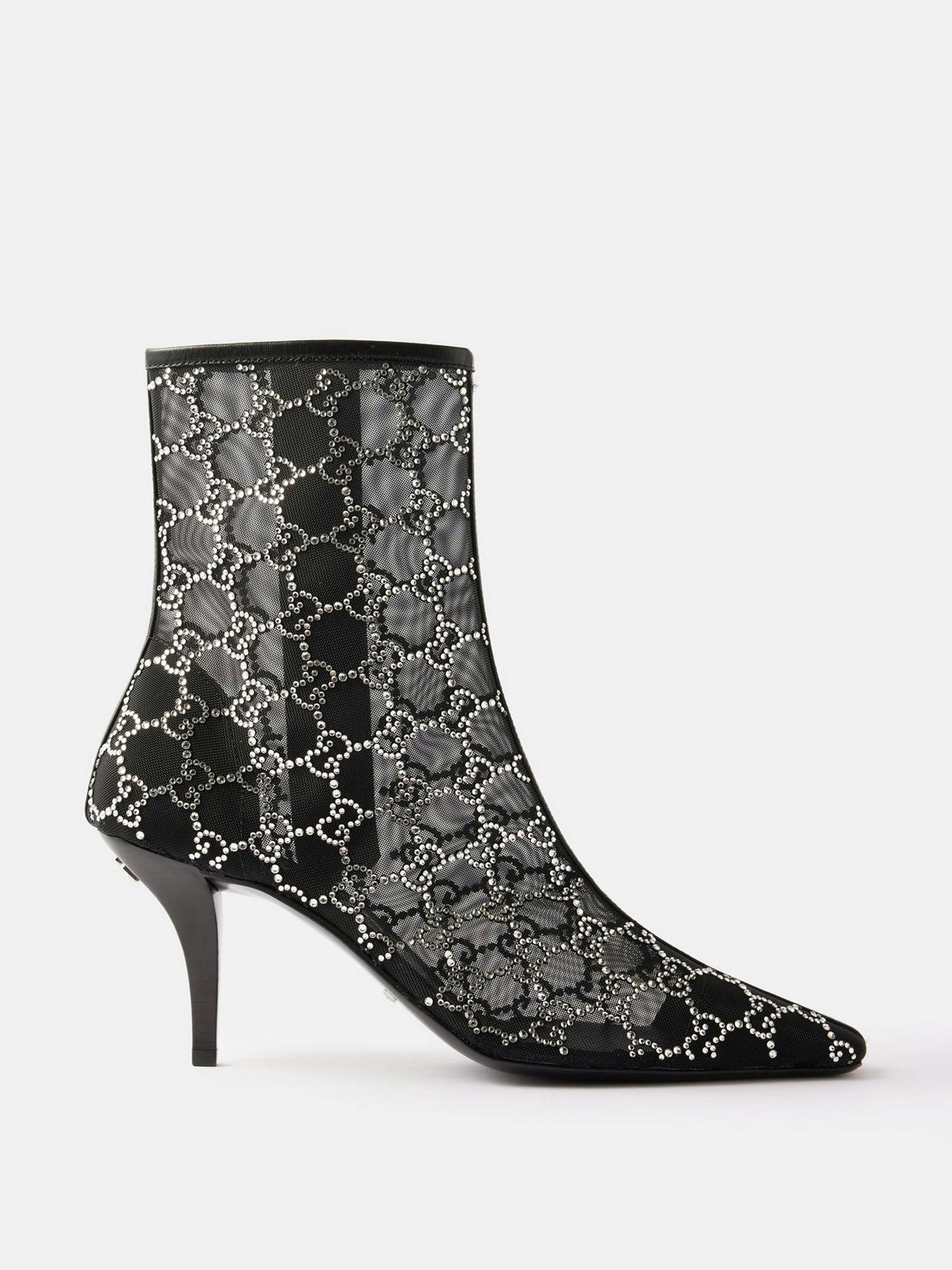 Black crystal-embellished mesh ankle boots