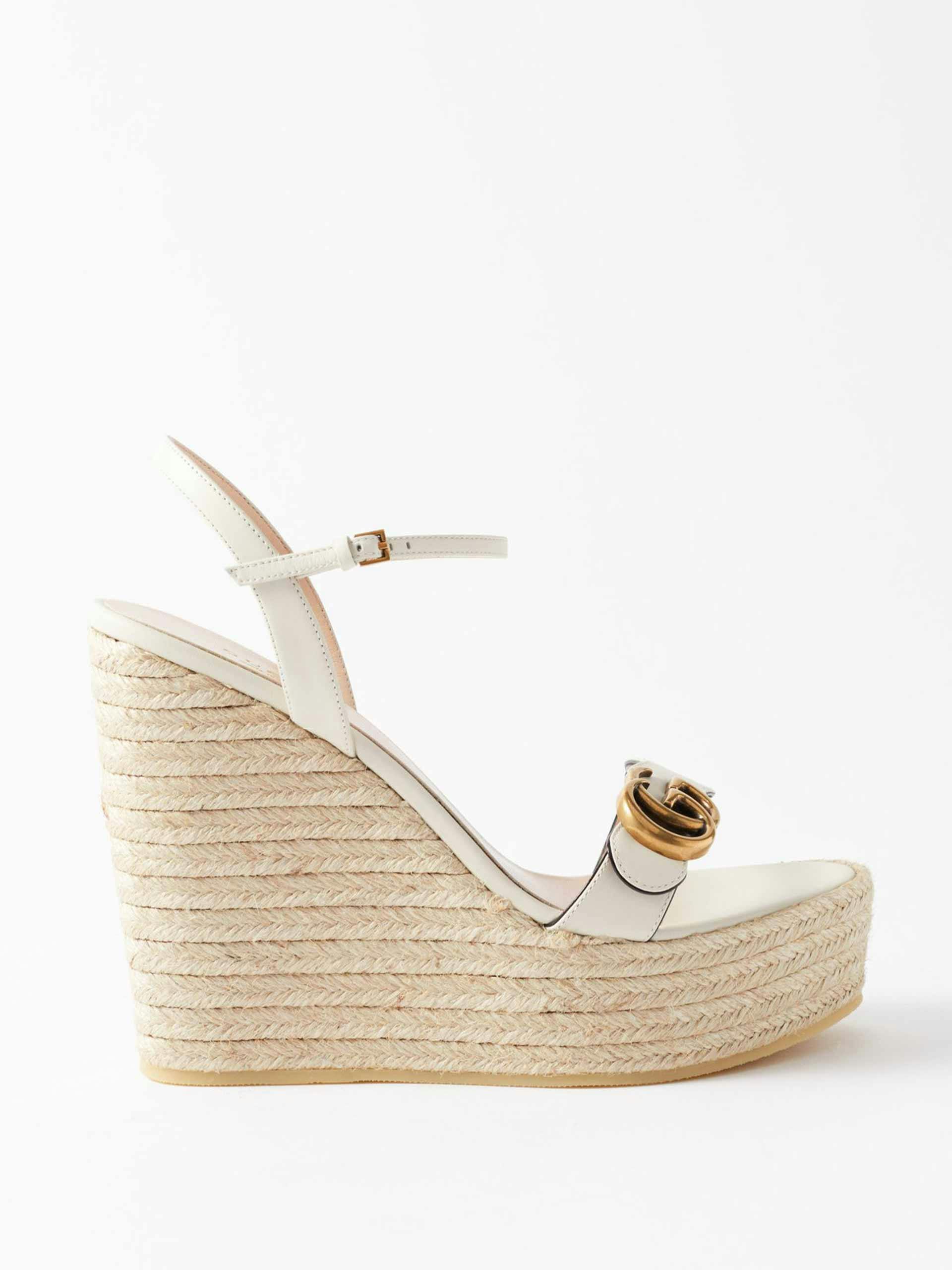 White leather espadrille wedge sandals