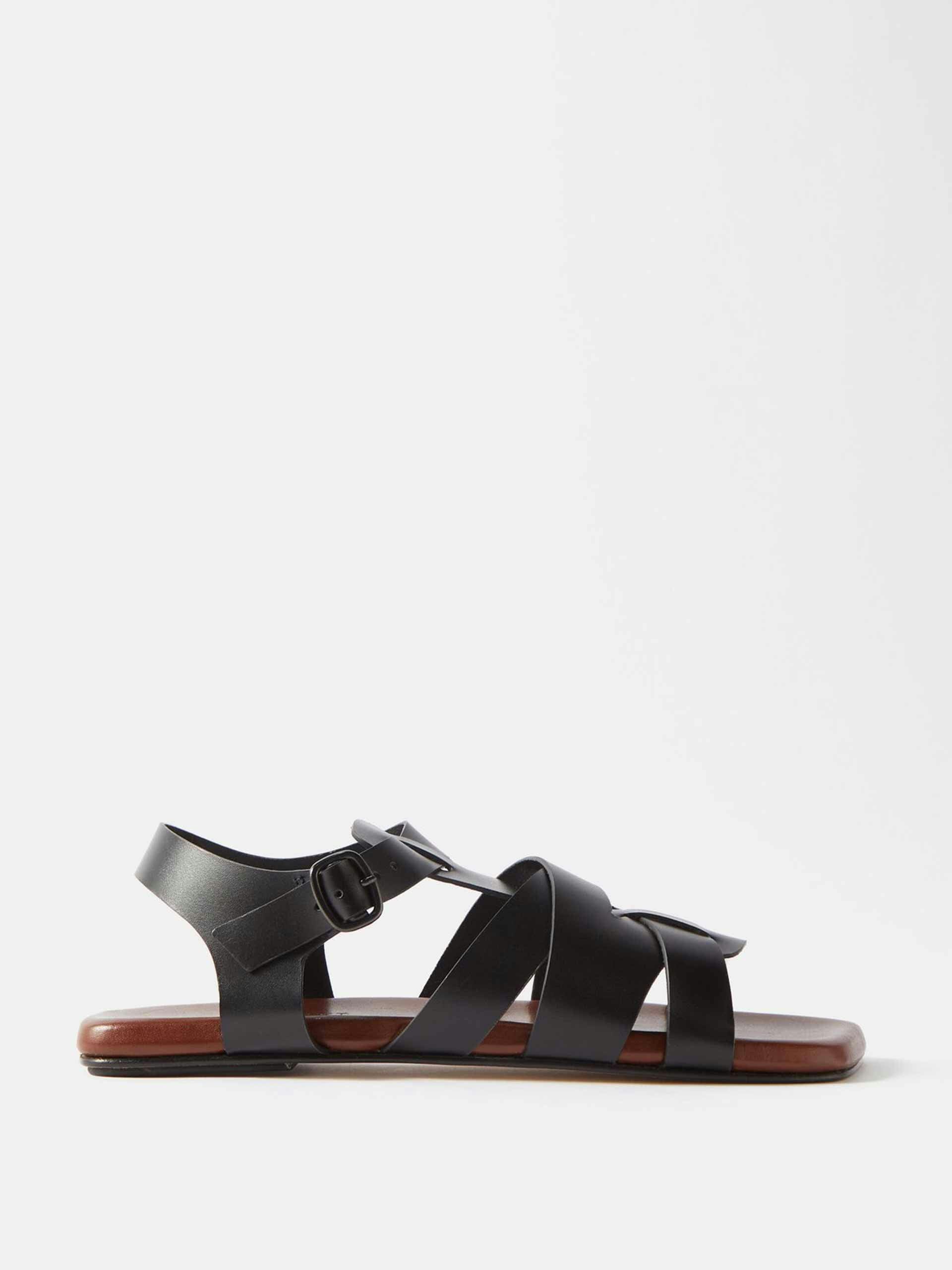 Black square-toe leather sandals