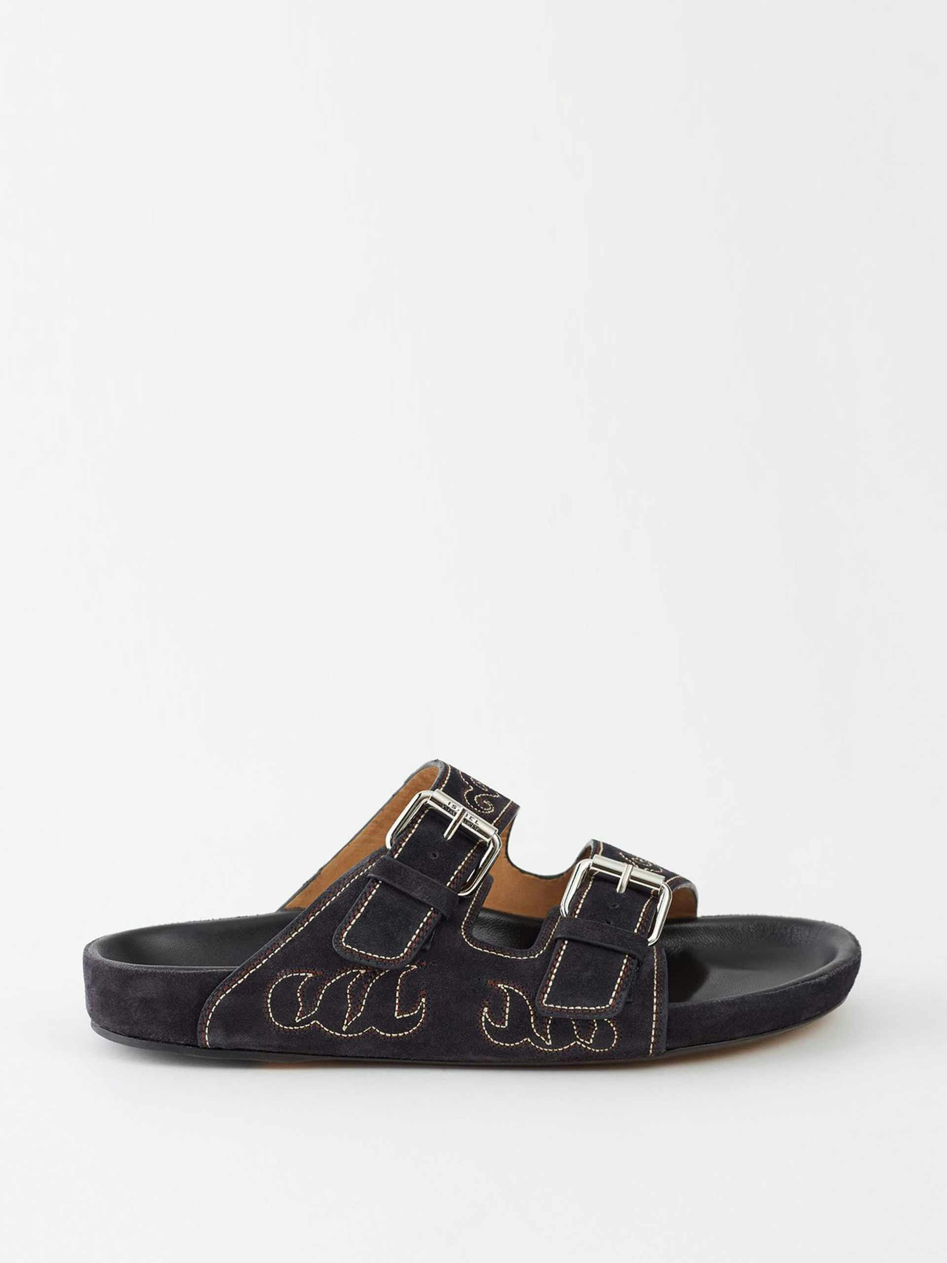 Black embroidered suede sandals