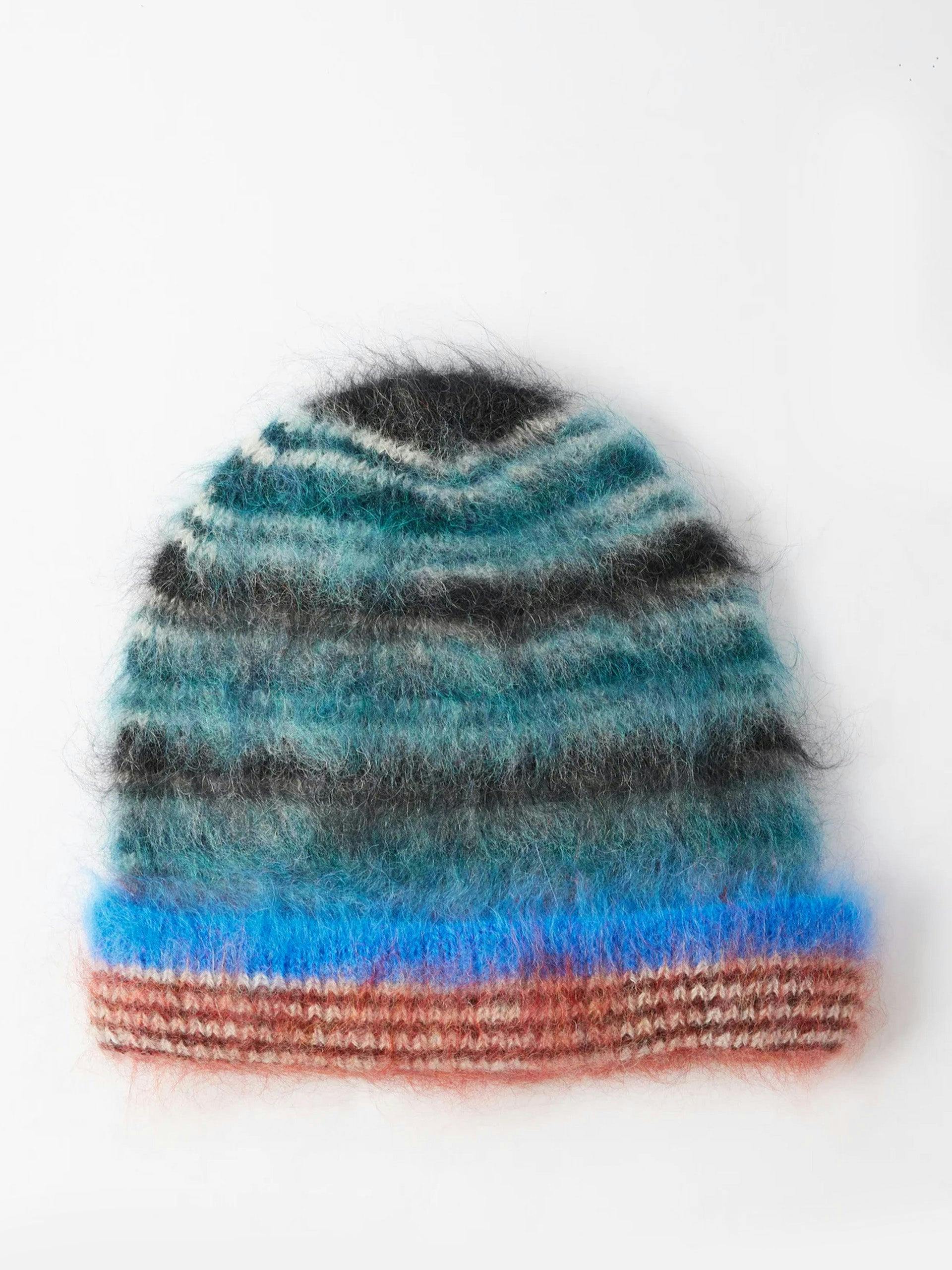 Striped brushed mohair-blend beanie hat