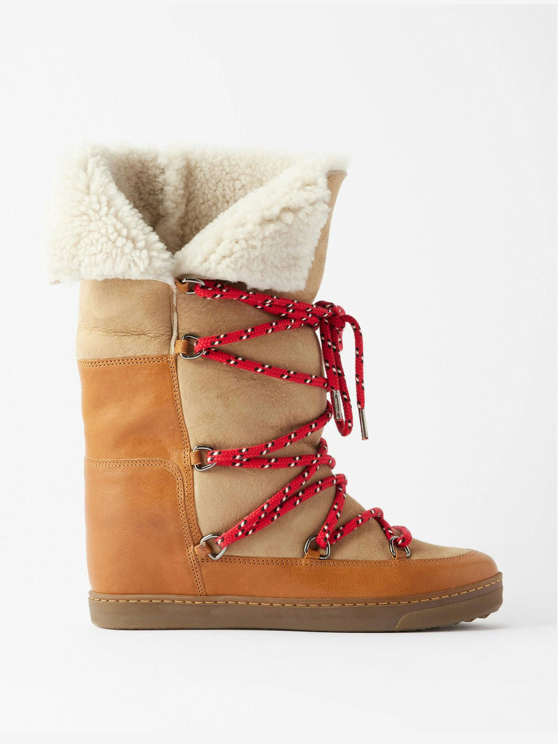 Shearling-trim leather wedge boots