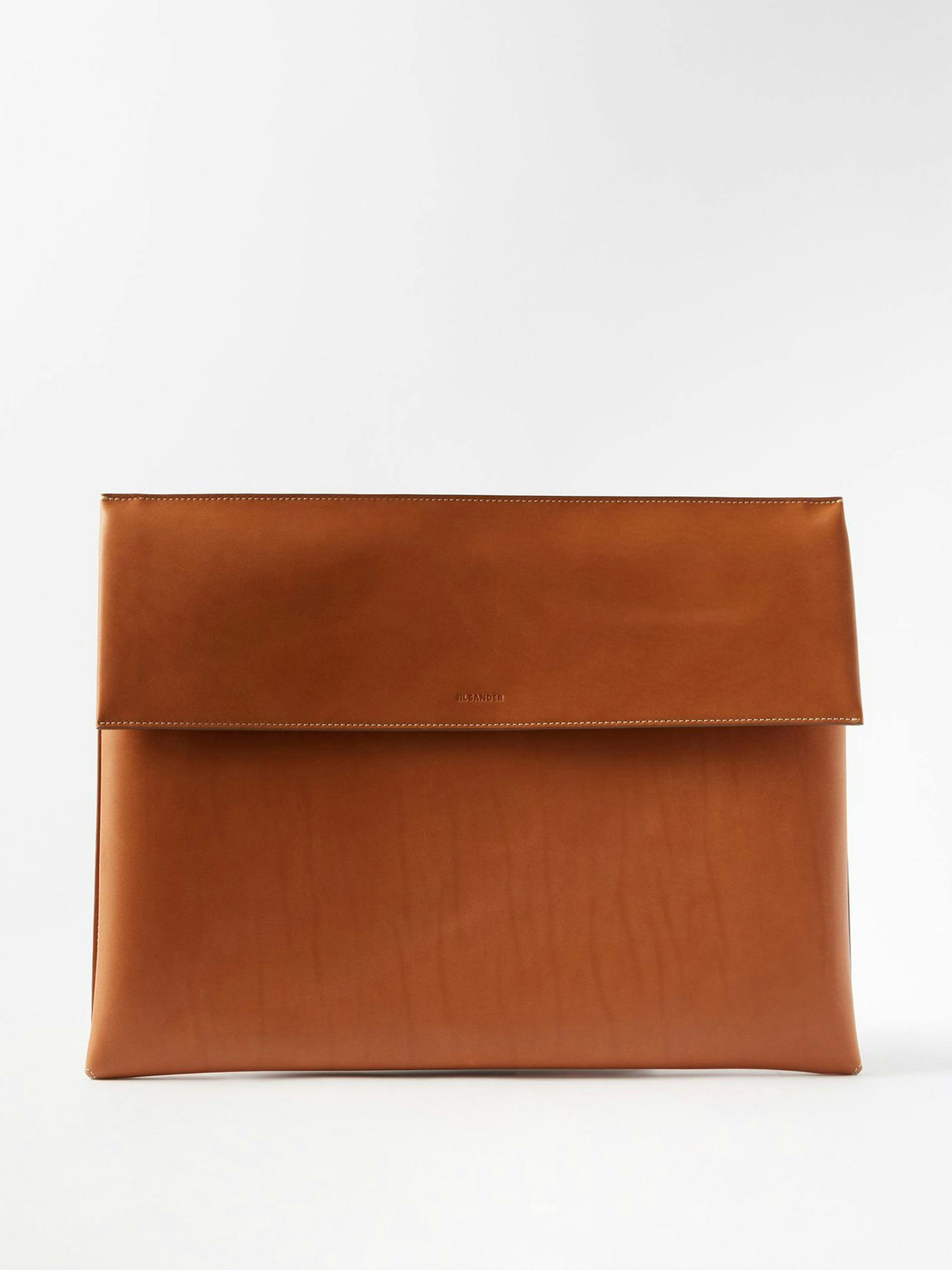 Tan folded leather pouch