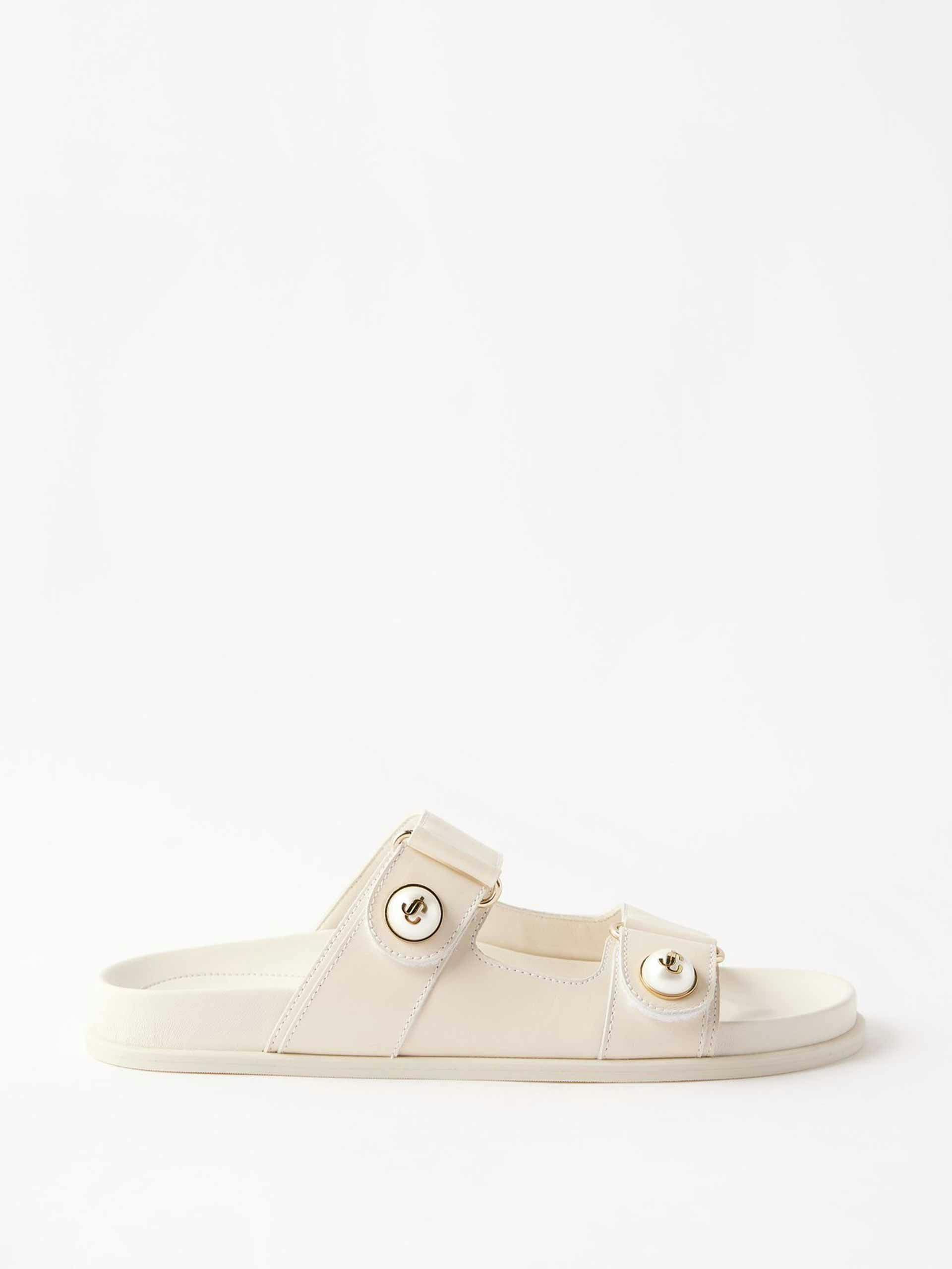 White faux pearl-embellished leather sandals