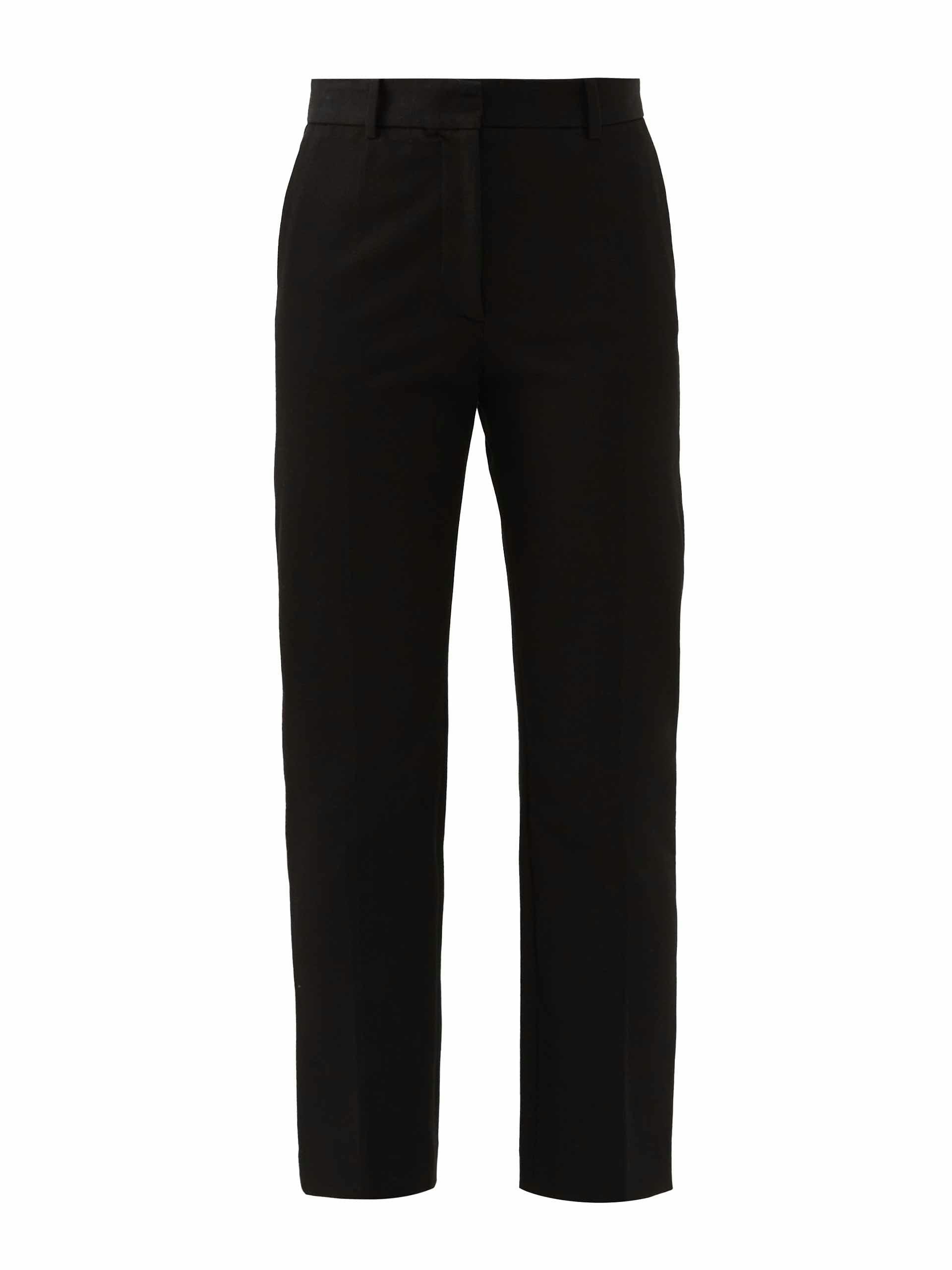 Black straight-leg gabardine trousers